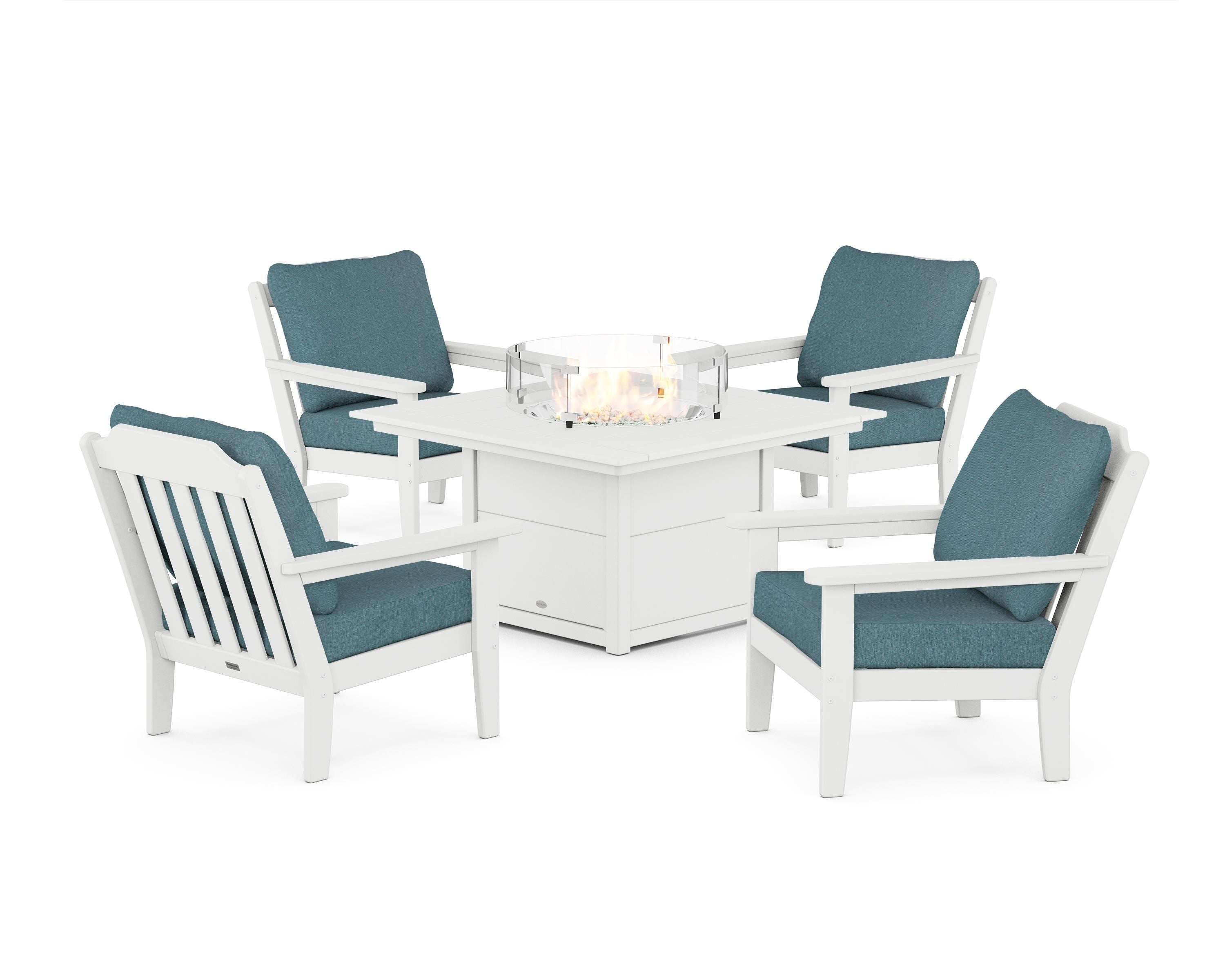 Country Living Cottage 5-Piece Deep Seating Set with Fire Pit Table in White / Ocean Teal