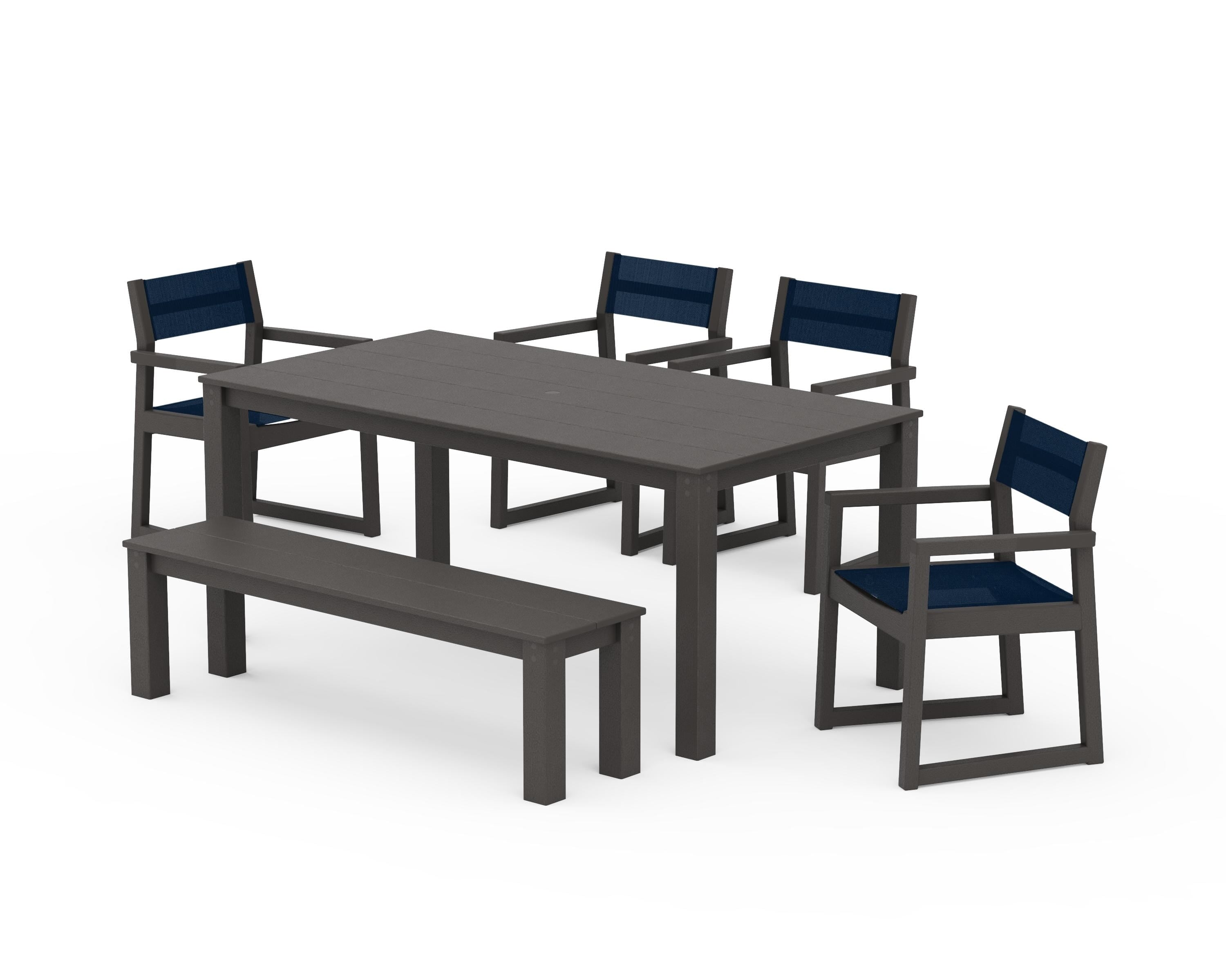 POLYWOOD EDGE Sling Arm Chair 6-Piece Parsons Dining Set with Bench in Vintage Coffee / Navy Blue Sling