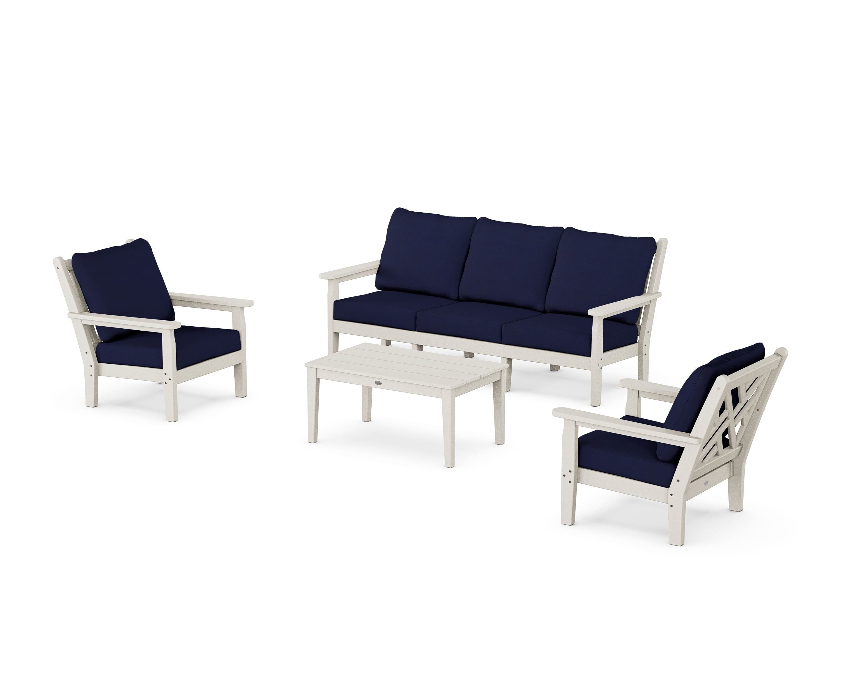 POLYWOOD Chippendale 4-Piece Deep Seating Set with Sofa in Sand / Navy