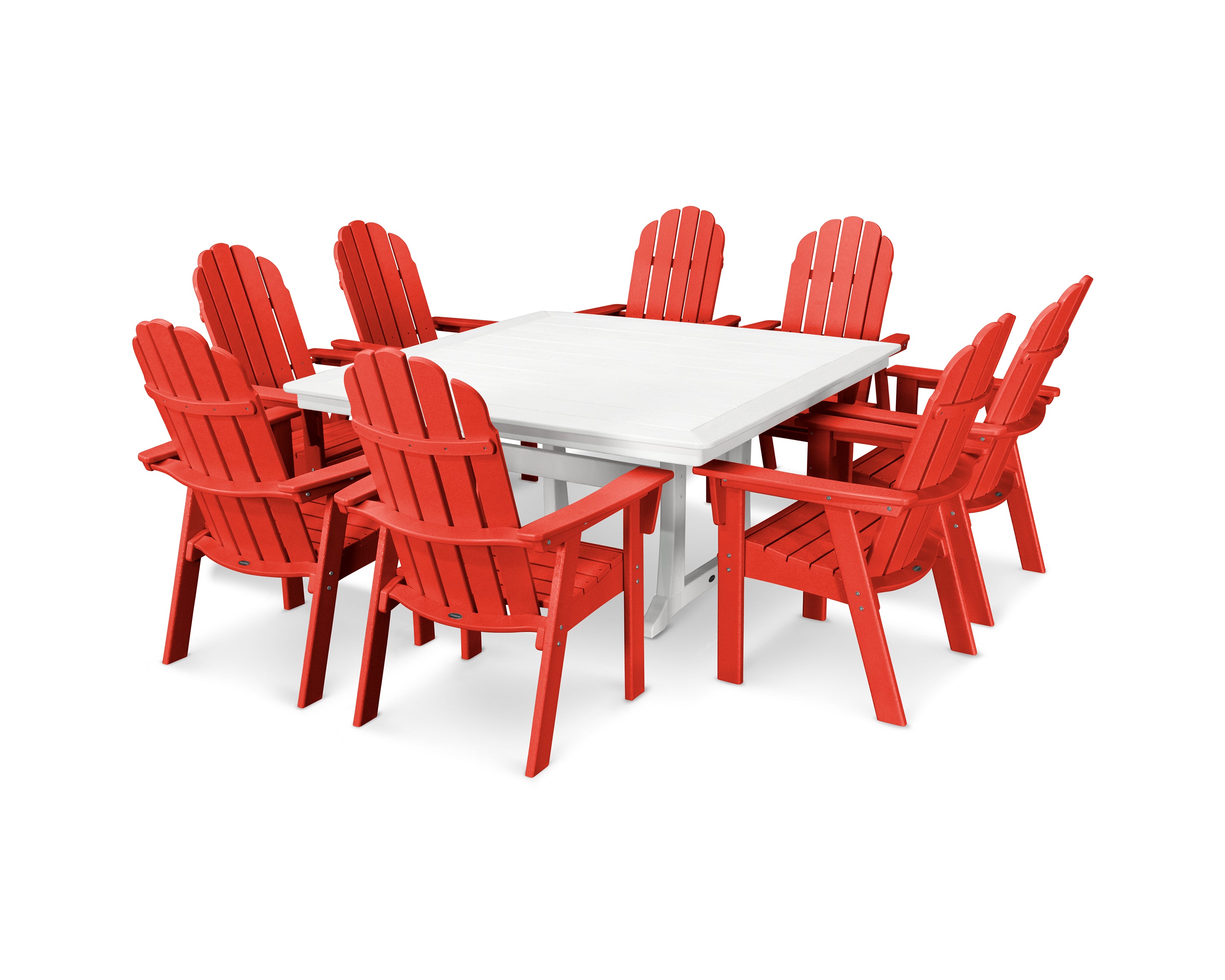 POLYWOOD® Vineyard Curveback Adirondack 9-Piece Nautical Trestle Dining Set in Sunset Red / White