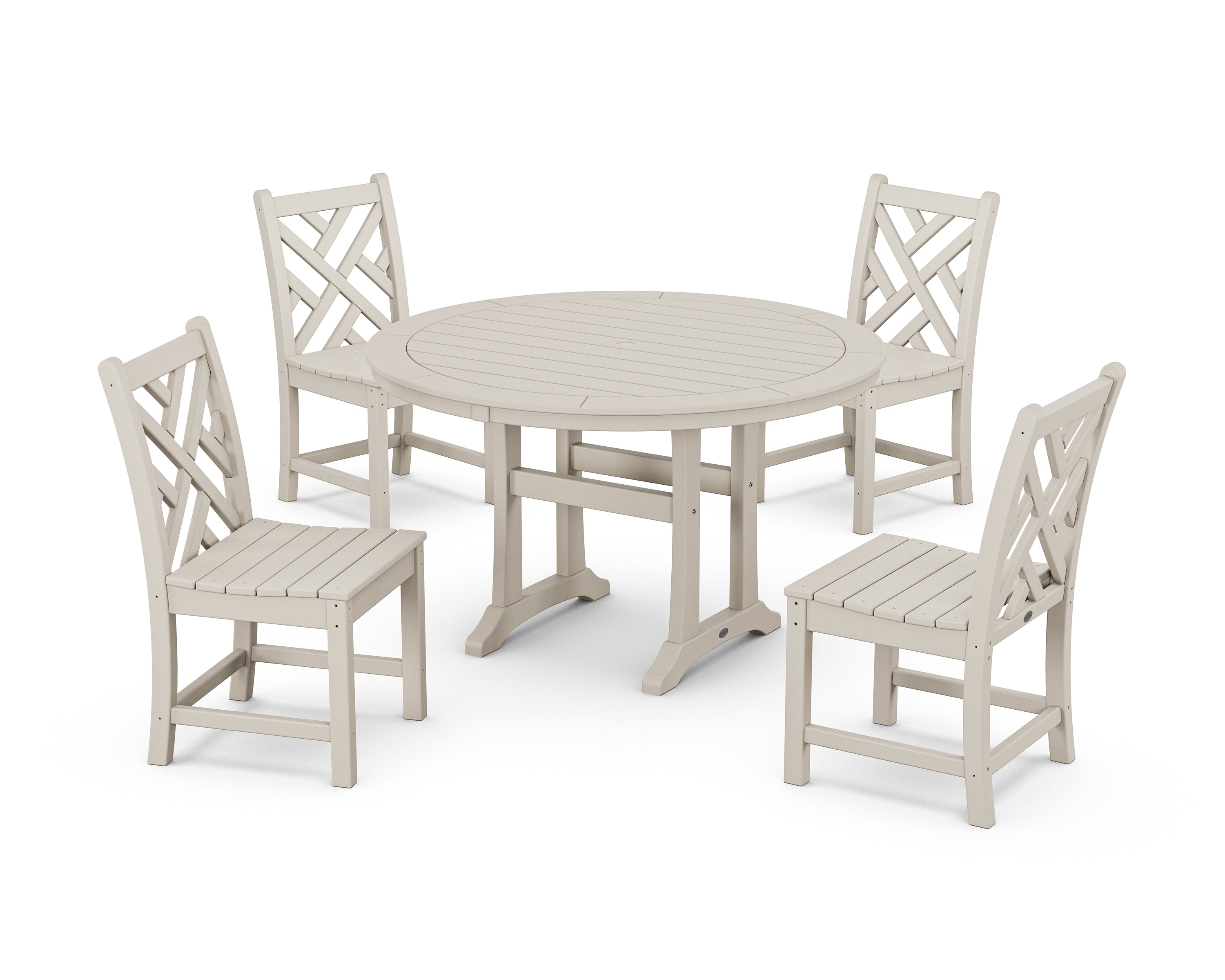 POLYWOOD® Chippendale Side Chair 5-Piece Round Dining Set With Trestle Legs in Sand