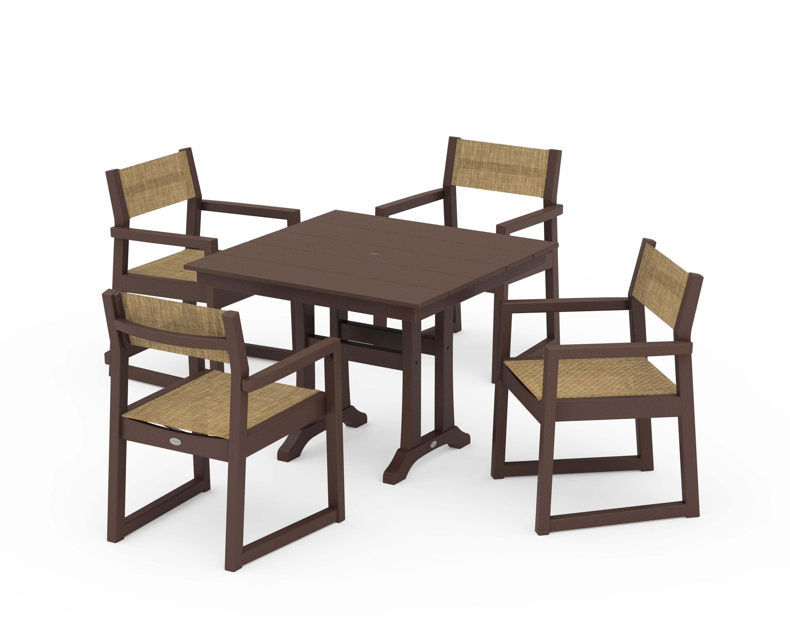 POLYWOOD EDGE Sling 5-Piece Farmhouse Dining Set with Trestle Legs in Mahogany / Burlap Sling