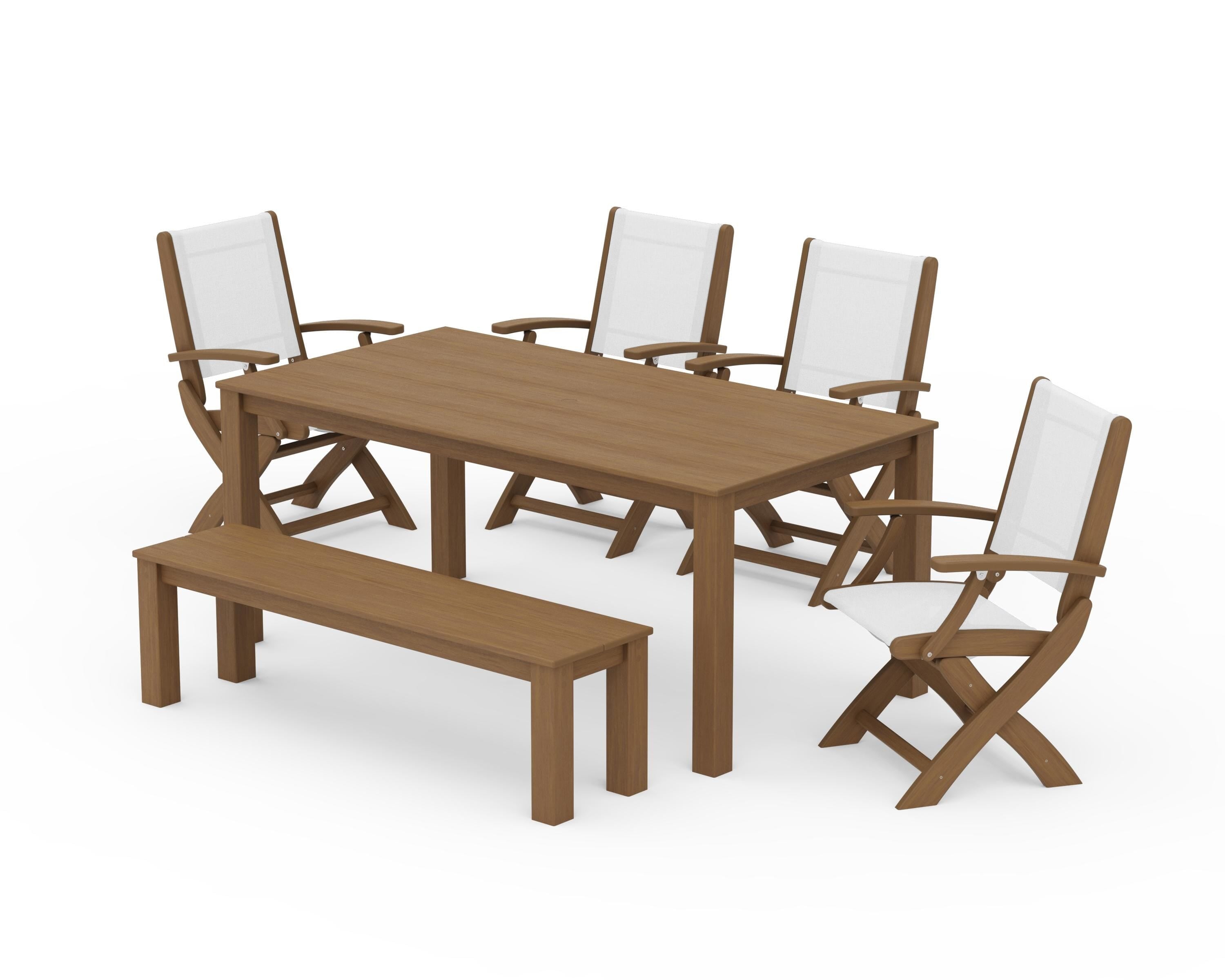 POLYWOOD Coastal Folding Chair 6-Piece Parsons Dining Set with Bench in Natural / White Sling