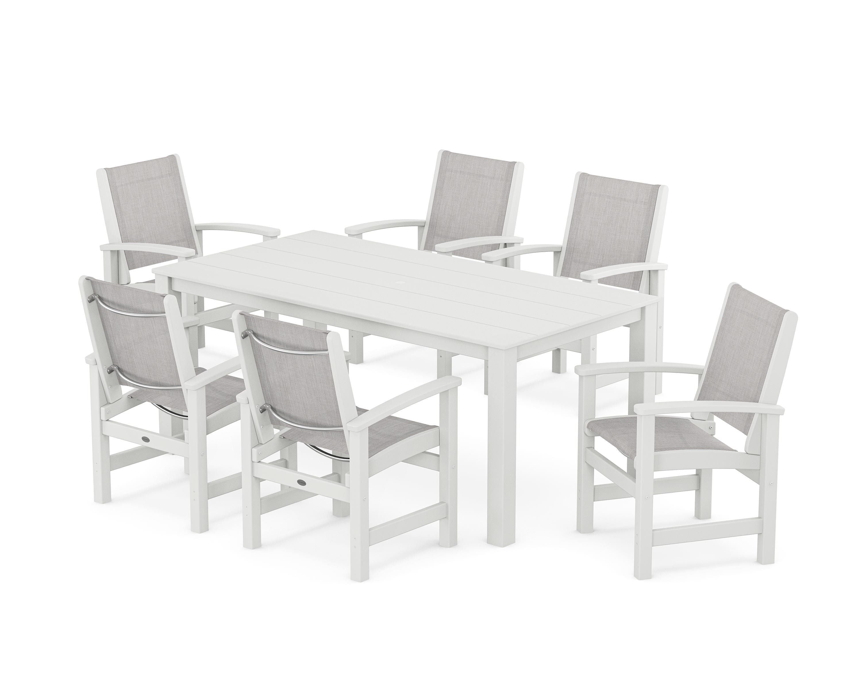 POLYWOOD Coastal 7-Piece Parsons Dining Set in White / Parchment Sling