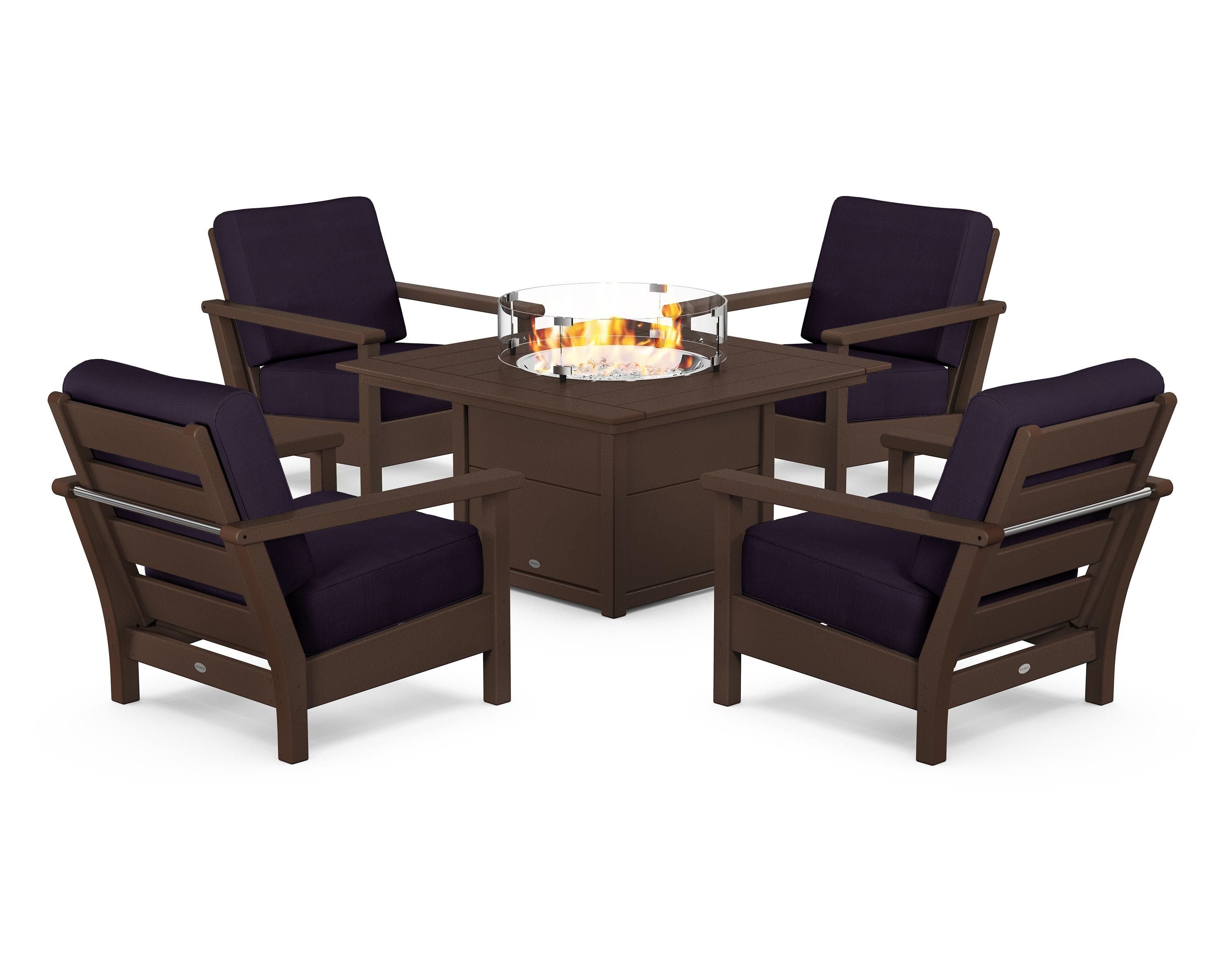 POLYWOOD Harbour 5-Piece Conversation Set with Fire Pit Table in Mahogany / Navy Linen
