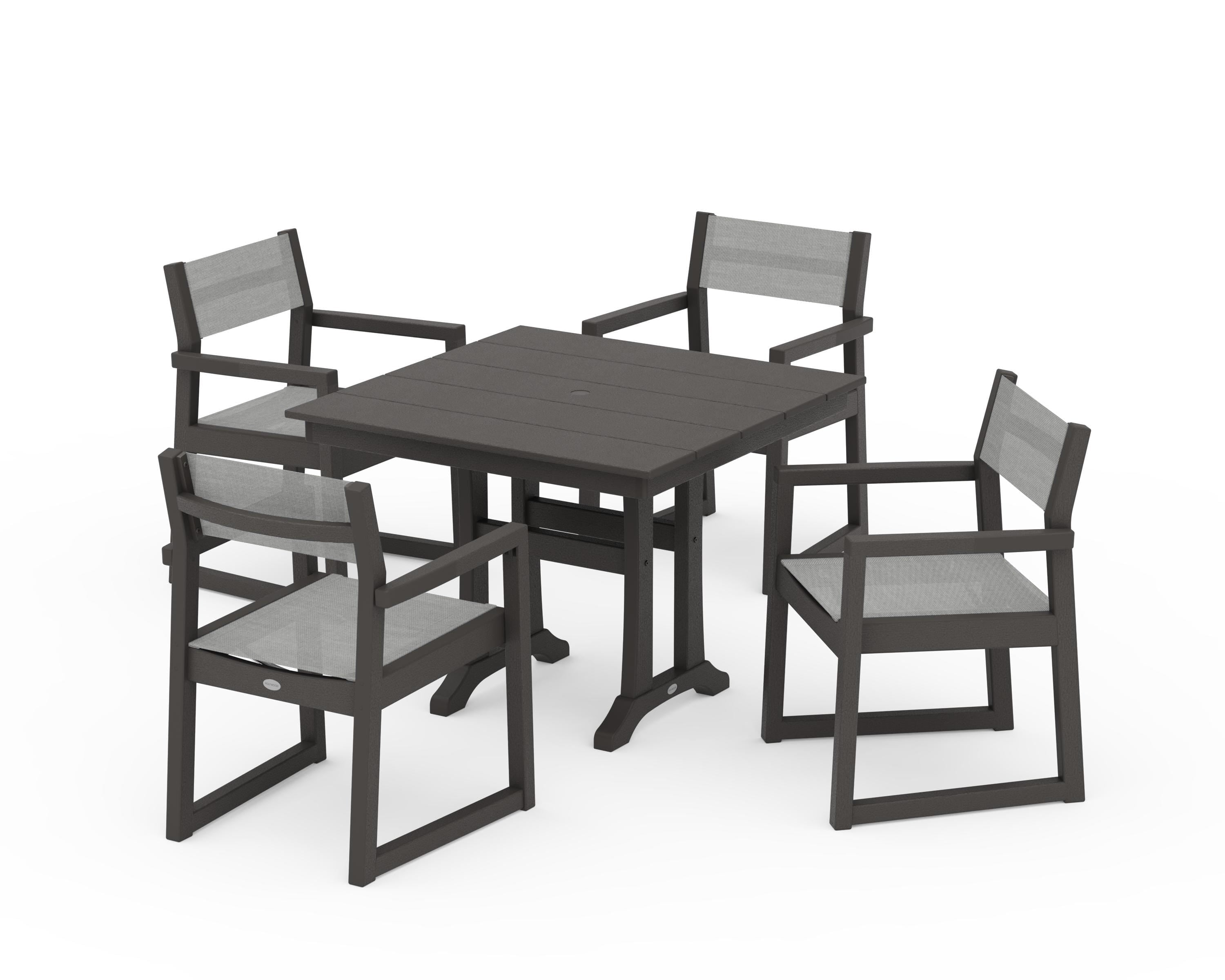 POLYWOOD EDGE Sling 5-Piece Farmhouse Dining Set with Trestle Legs in Vintage Coffee / Metallic Sling