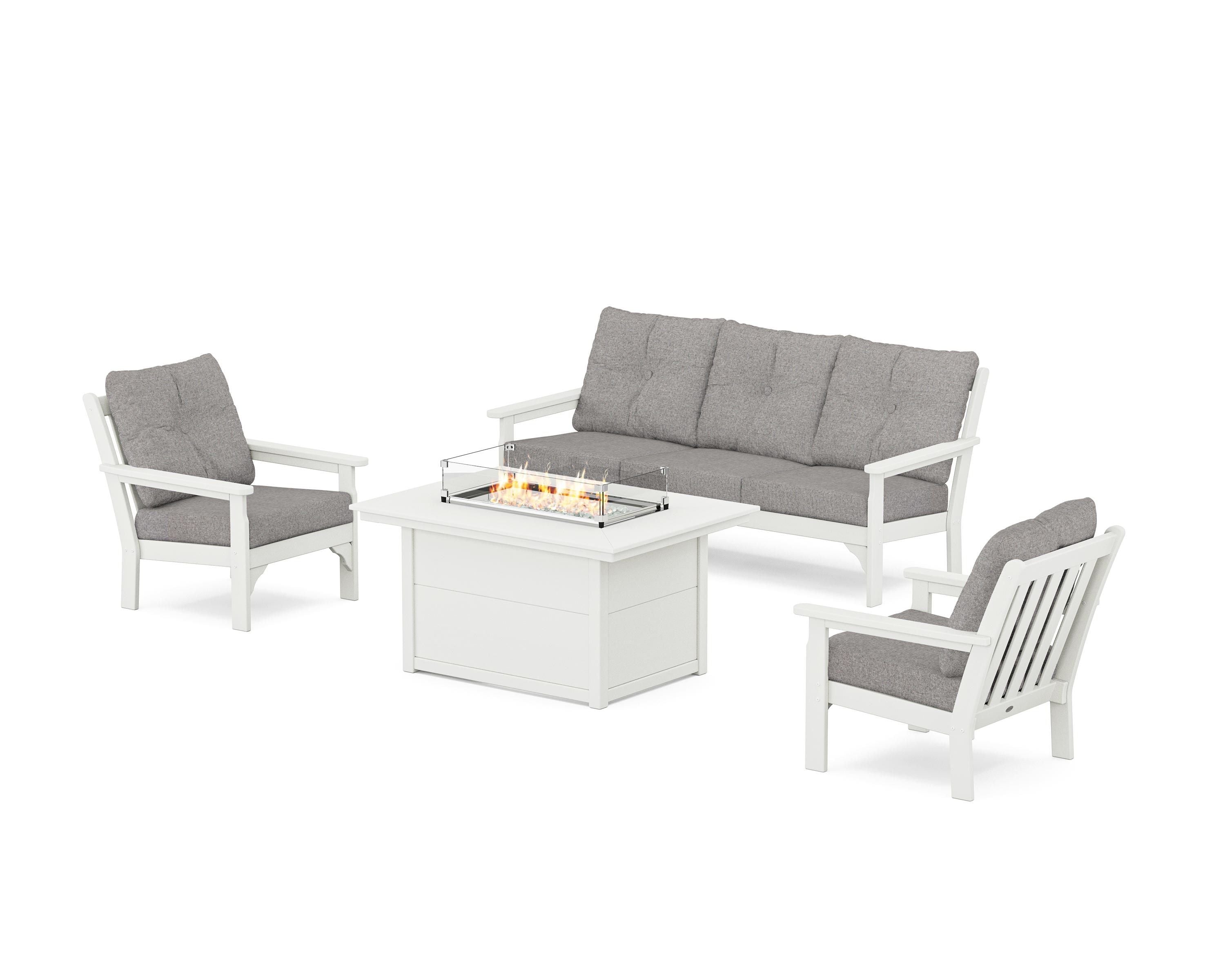 POLYWOOD Vineyard Deep Seating Fire Pit Table Set in Vintage White / Grey Mist