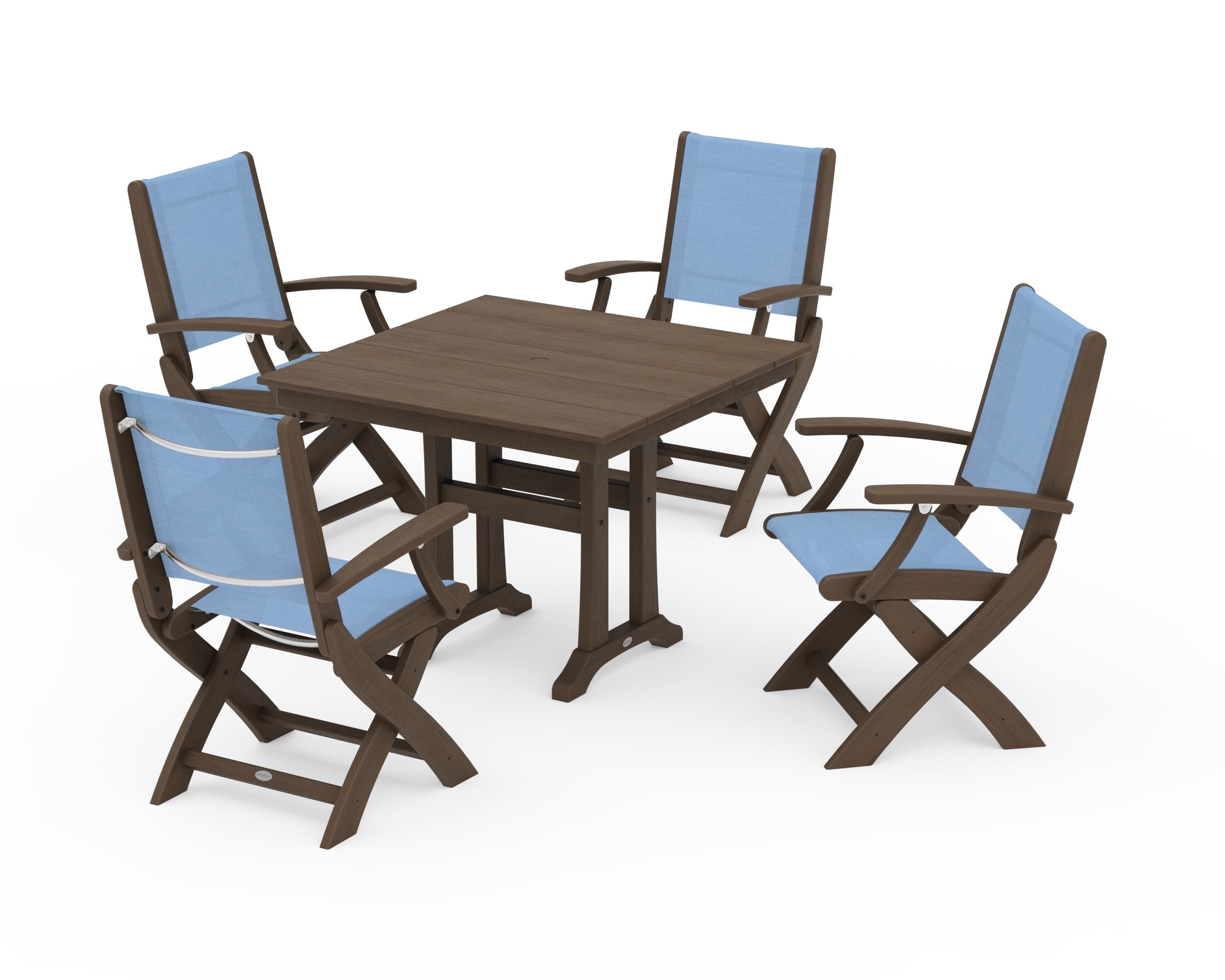 POLYWOOD Coastal Folding Chair 5-Piece Farmhouse Dining Set With Trestle Legs in Kona / Poolside Sling