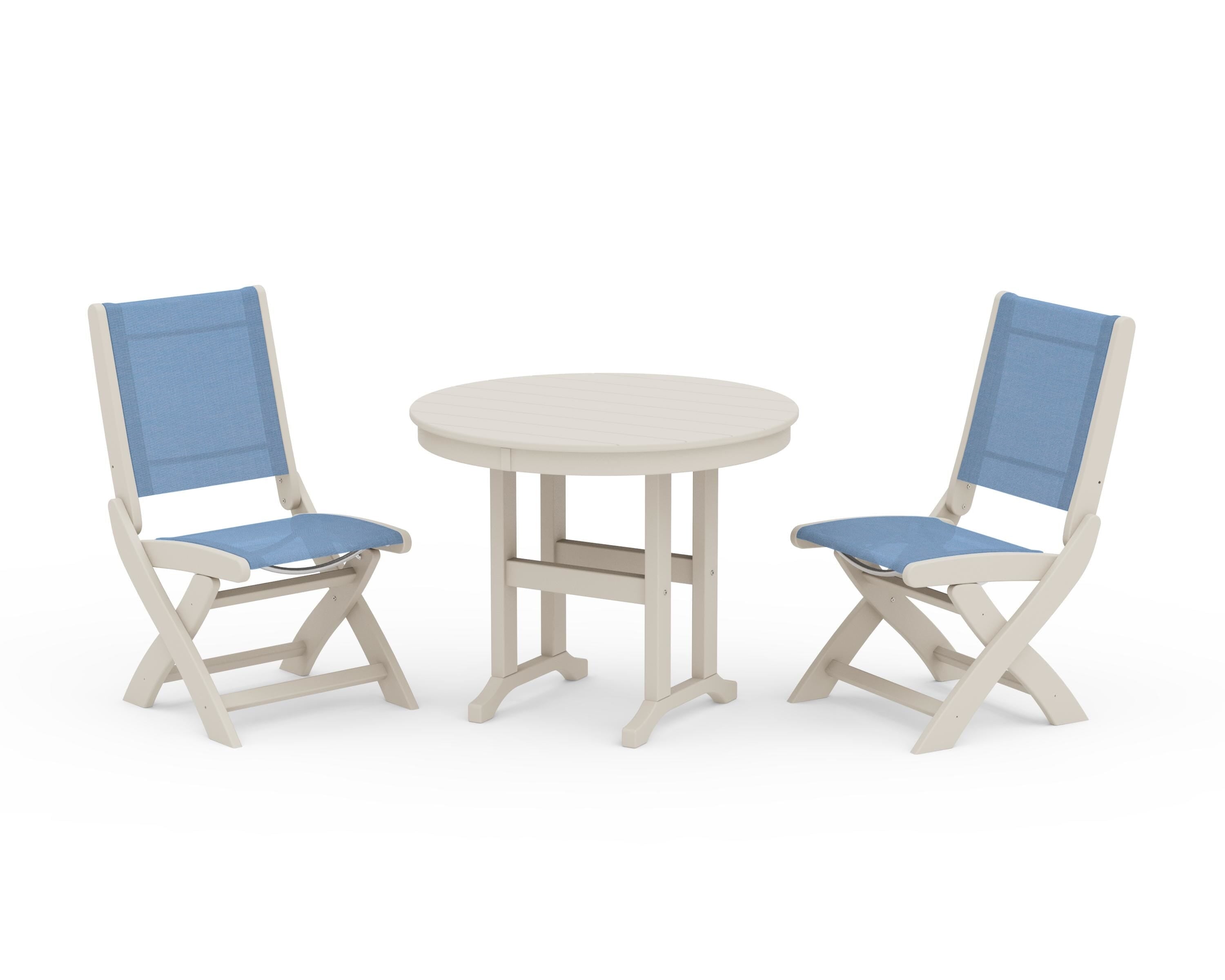 POLYWOOD Coastal Folding Side Chair 3-Piece Round Dining Set in Sand / Poolside Sling