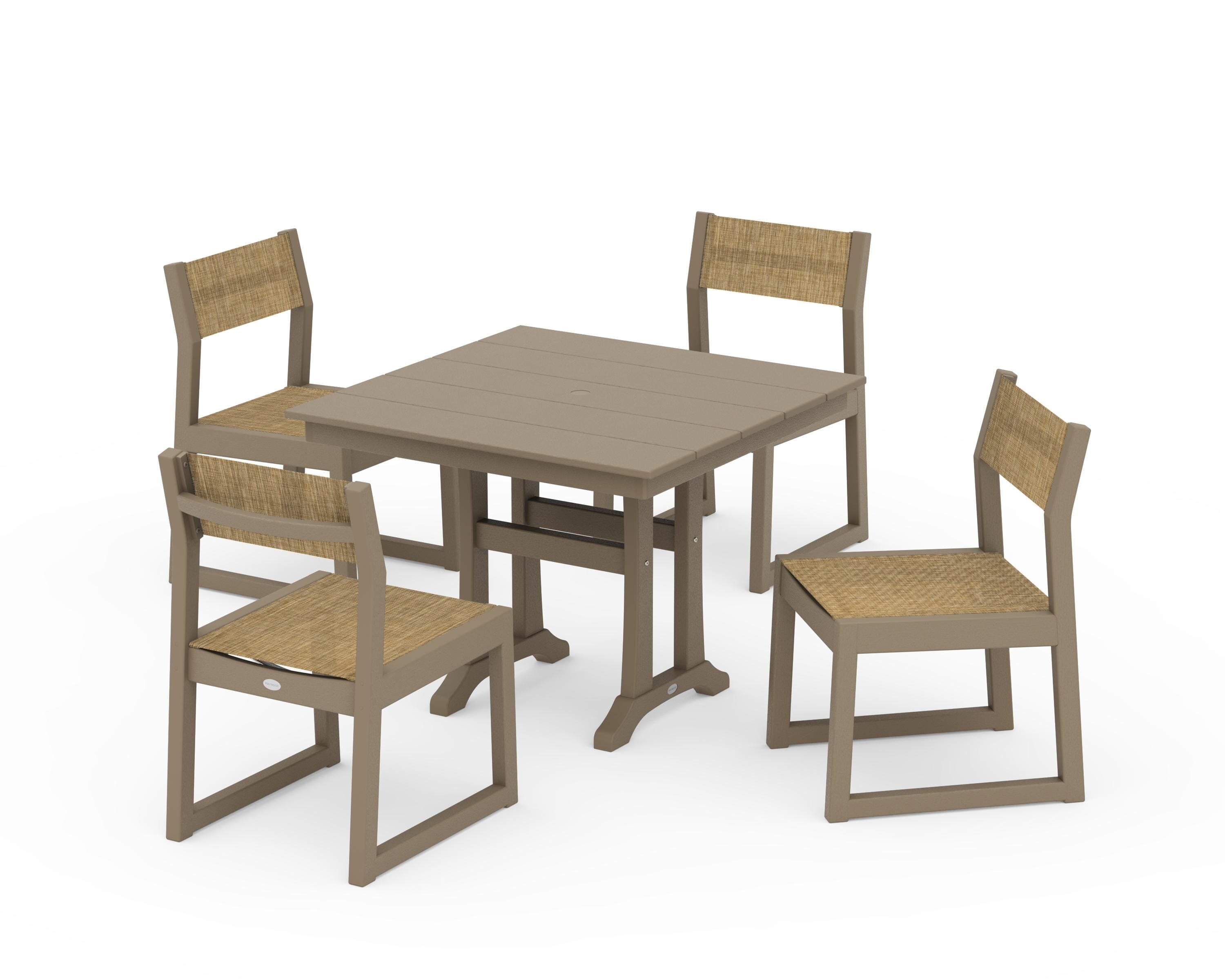 POLYWOOD EDGE Sling 5-Piece Farmhouse Trestle Side Chair Dining Set in Vintage Sahara / Burlap Sling