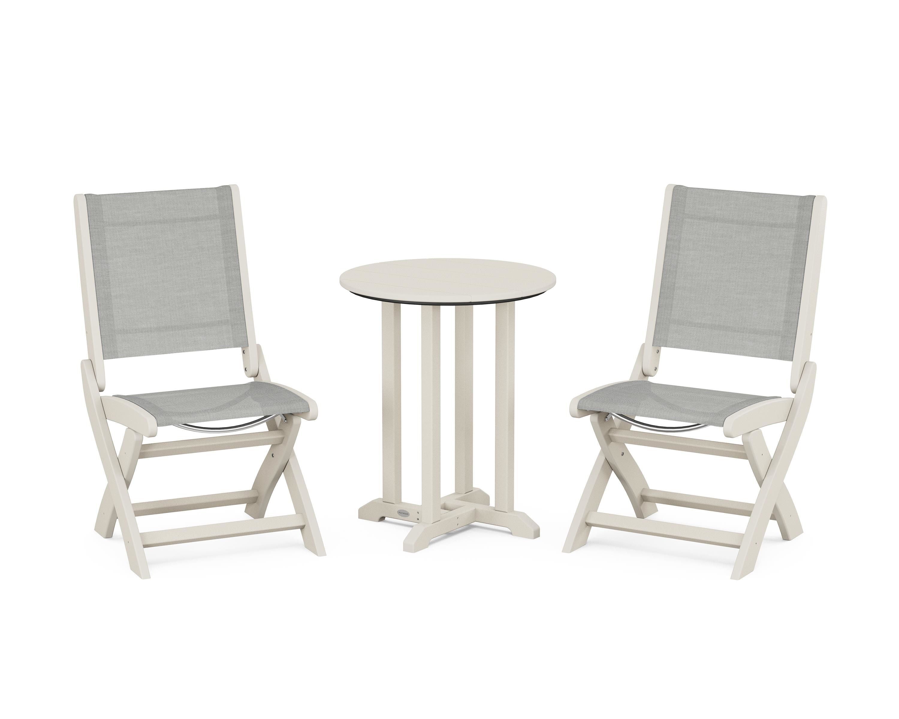 POLYWOOD Coastal Folding Side Chair 3-Piece Round Bistro Dining Set in Sand / Metallic Sling