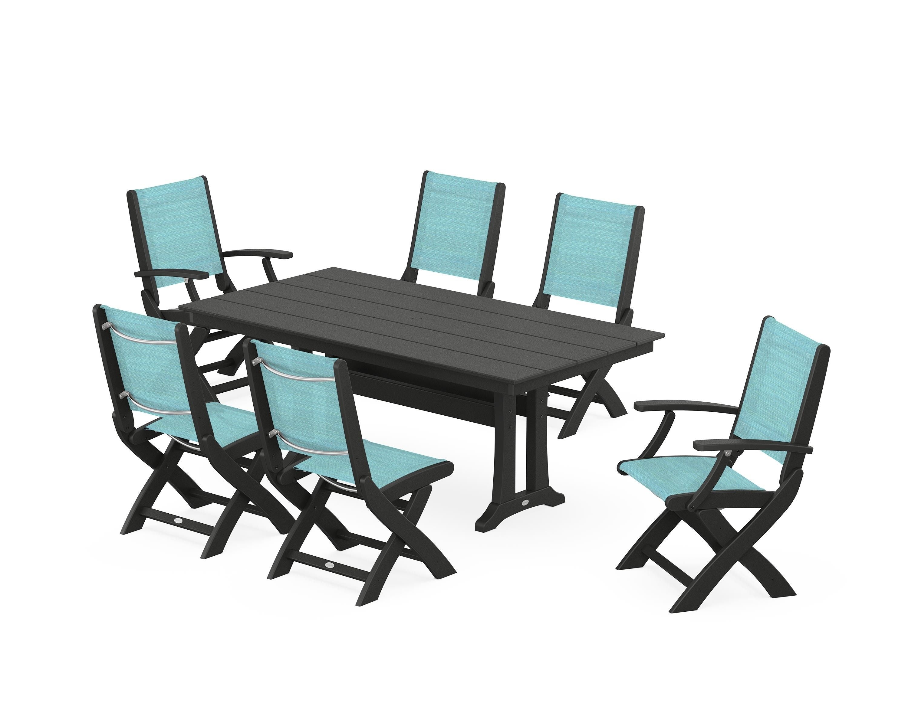 POLYWOOD Coastal Folding Chair 7-Piece Farmhouse Dining Set with Trestle Legs in Black / Dupioni Aquamarine Sling