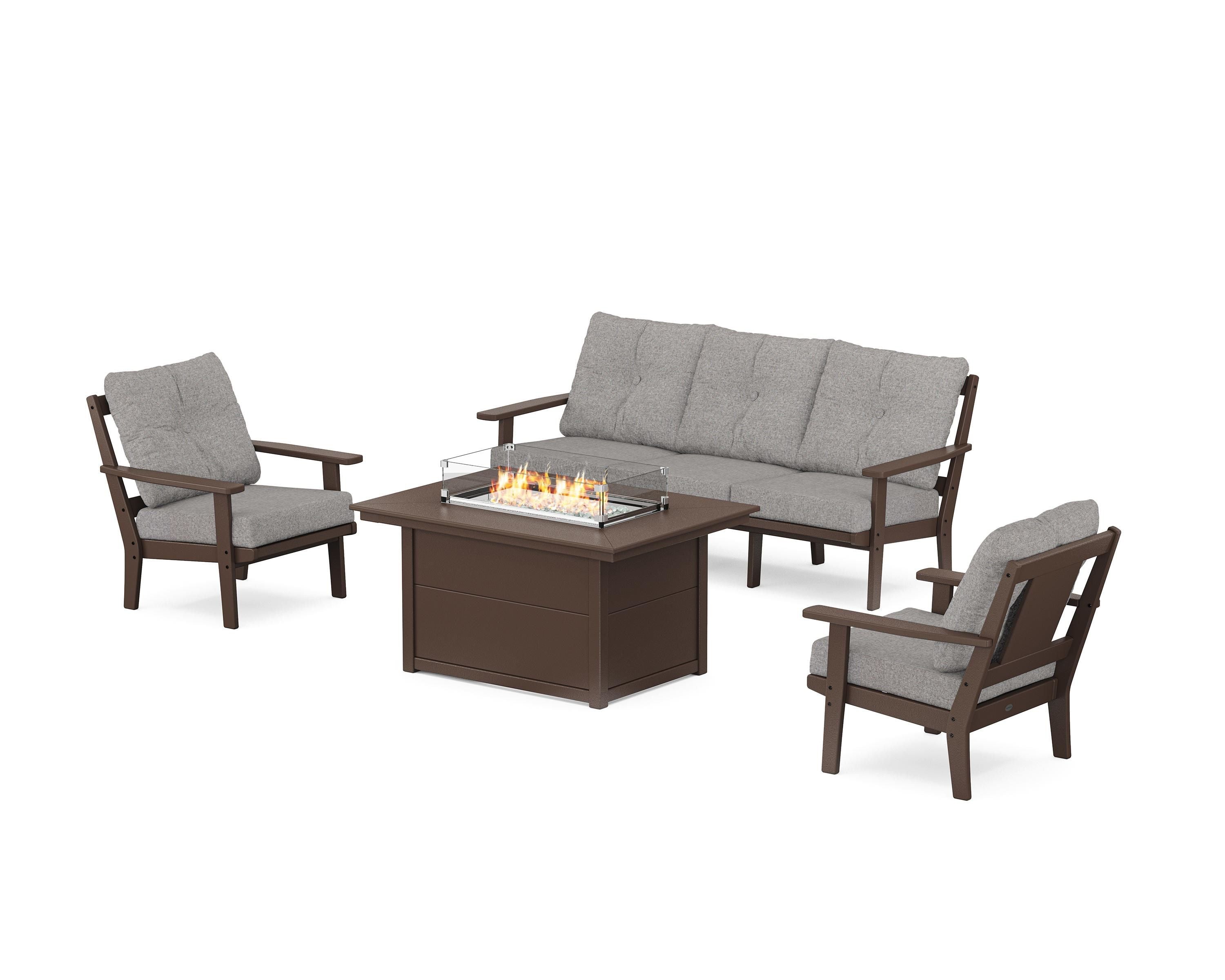 POLYWOOD Prairie Deep Seating Fire Pit Table Set in Mahogany / Grey Mist