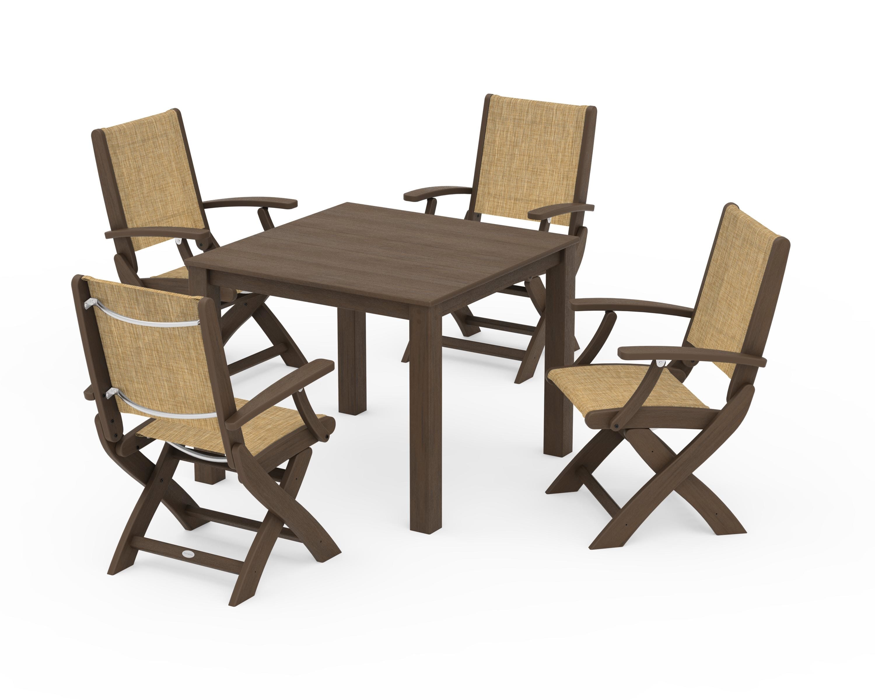 POLYWOOD Coastal Folding Chair 5-Piece Parsons Dining Set in Kona / Burlap Sling