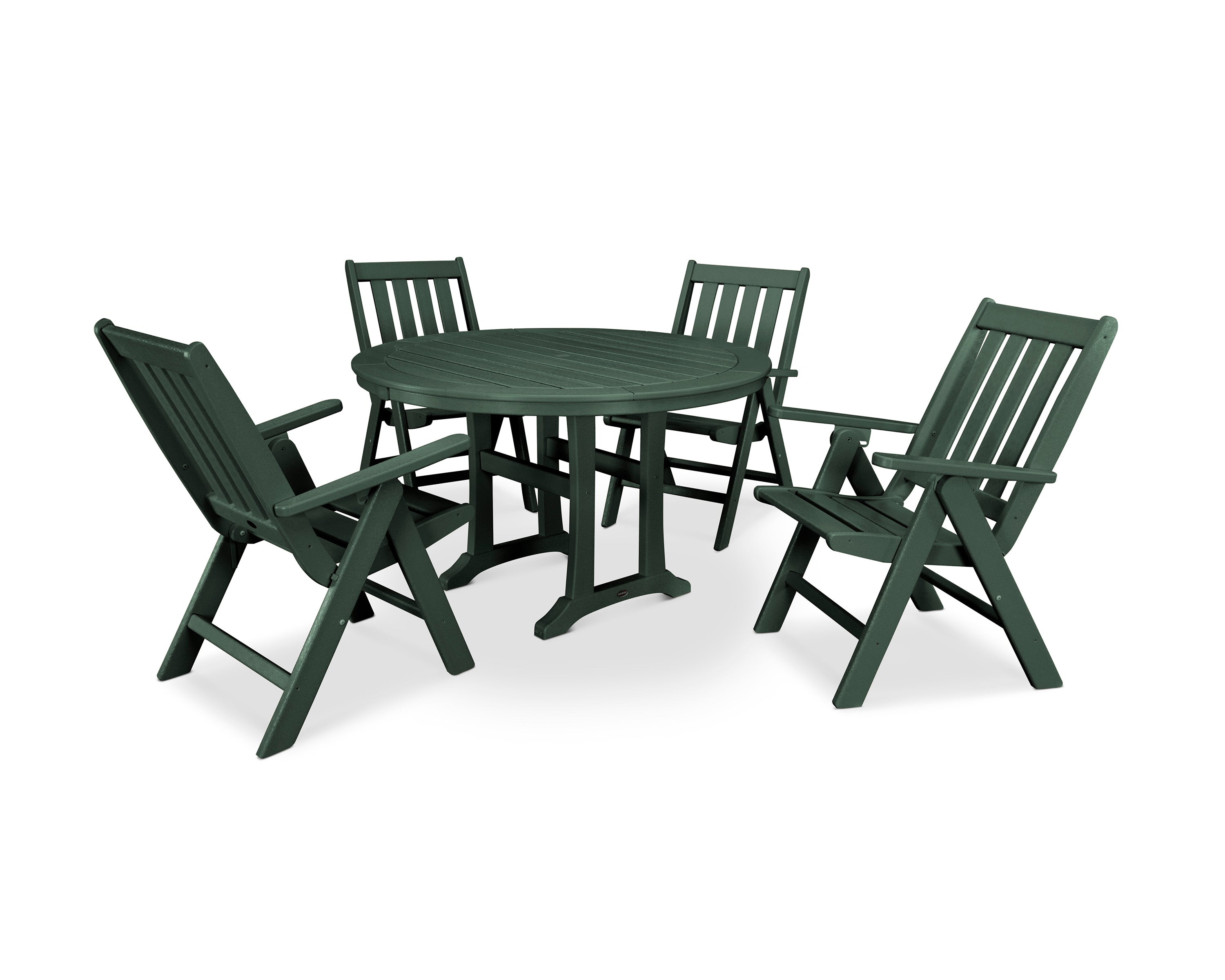 POLYWOOD® Vineyard Folding Chair 5-Piece Round Dining Set with Trestle Legs in Green