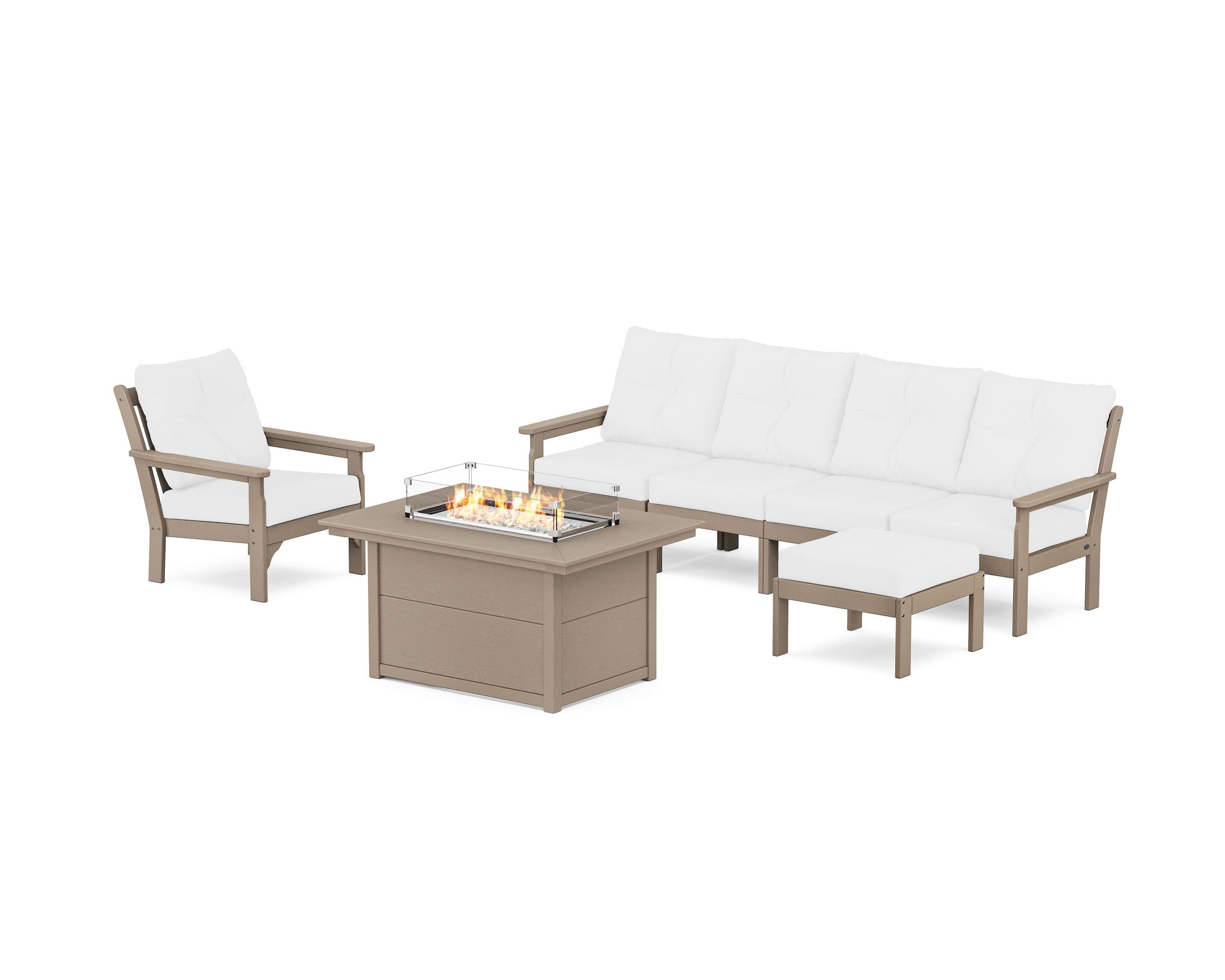 POLYWOOD Vineyard Sectional Lounge and Fire Pit Set in Vintage Sahara / Natural