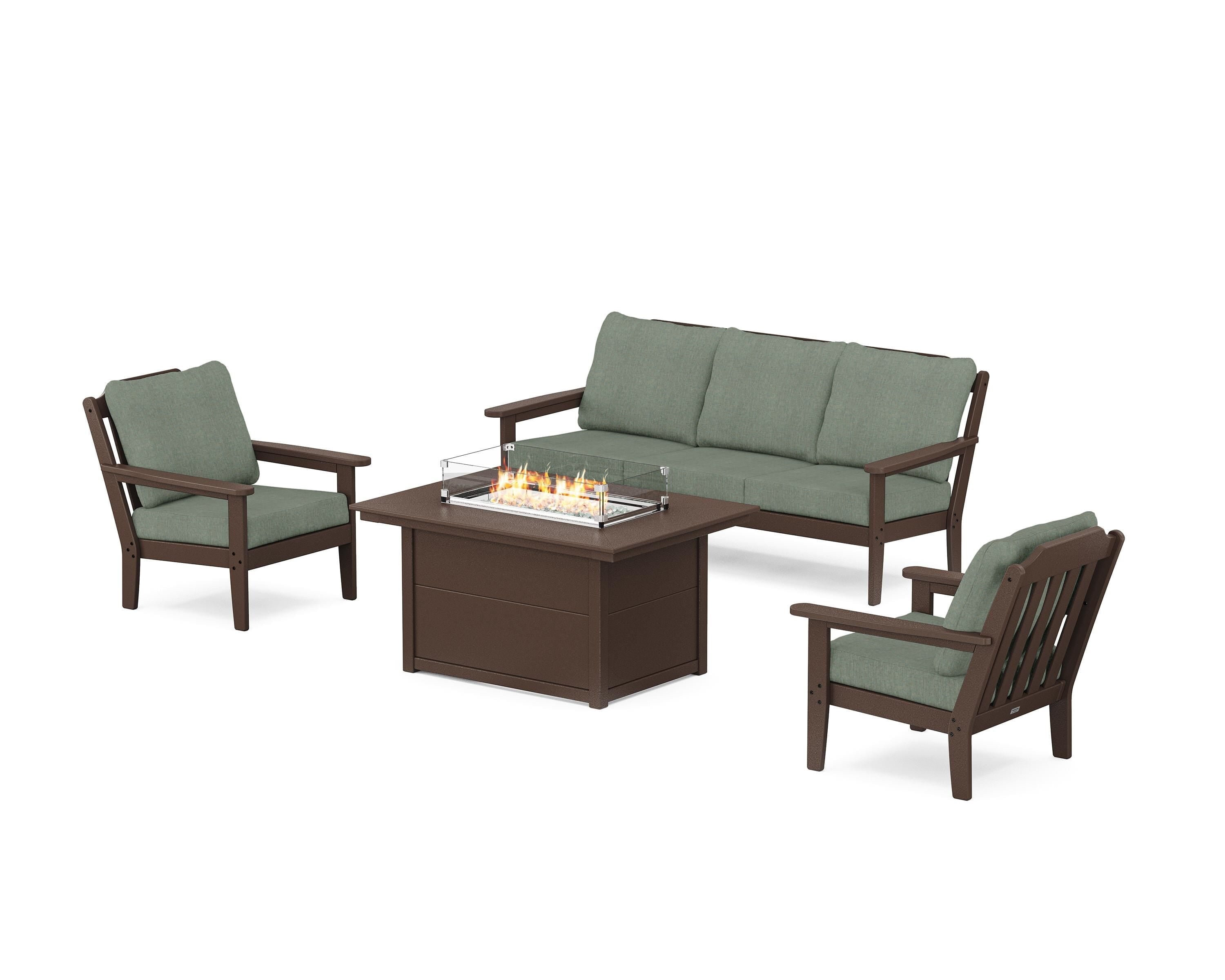 Country Living Cottage Deep Seating Fire Pit Table Set in Mahogany / Cast Sage