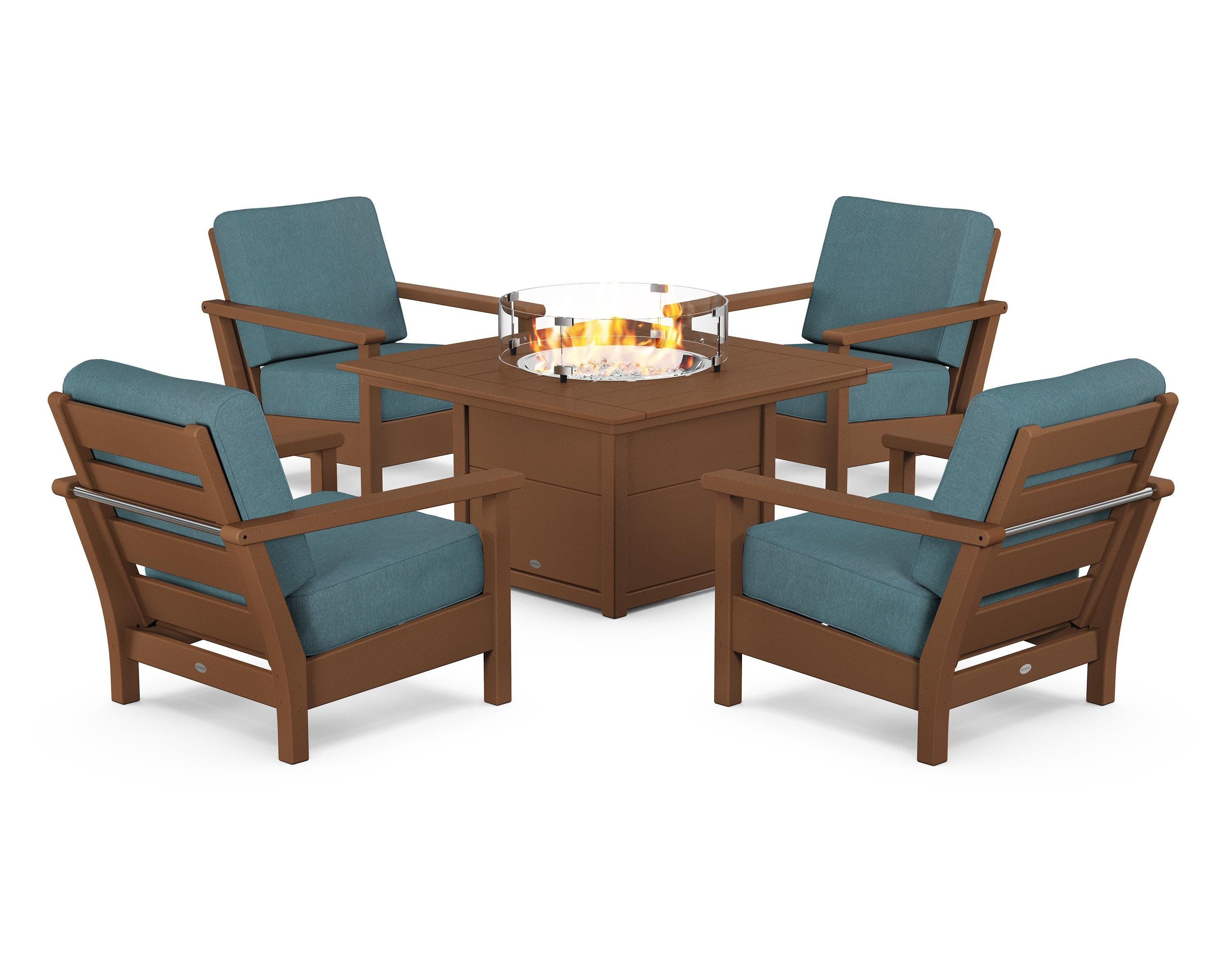POLYWOOD Harbour 5-Piece Conversation Set with Fire Pit Table in Teak / Ocean Teal