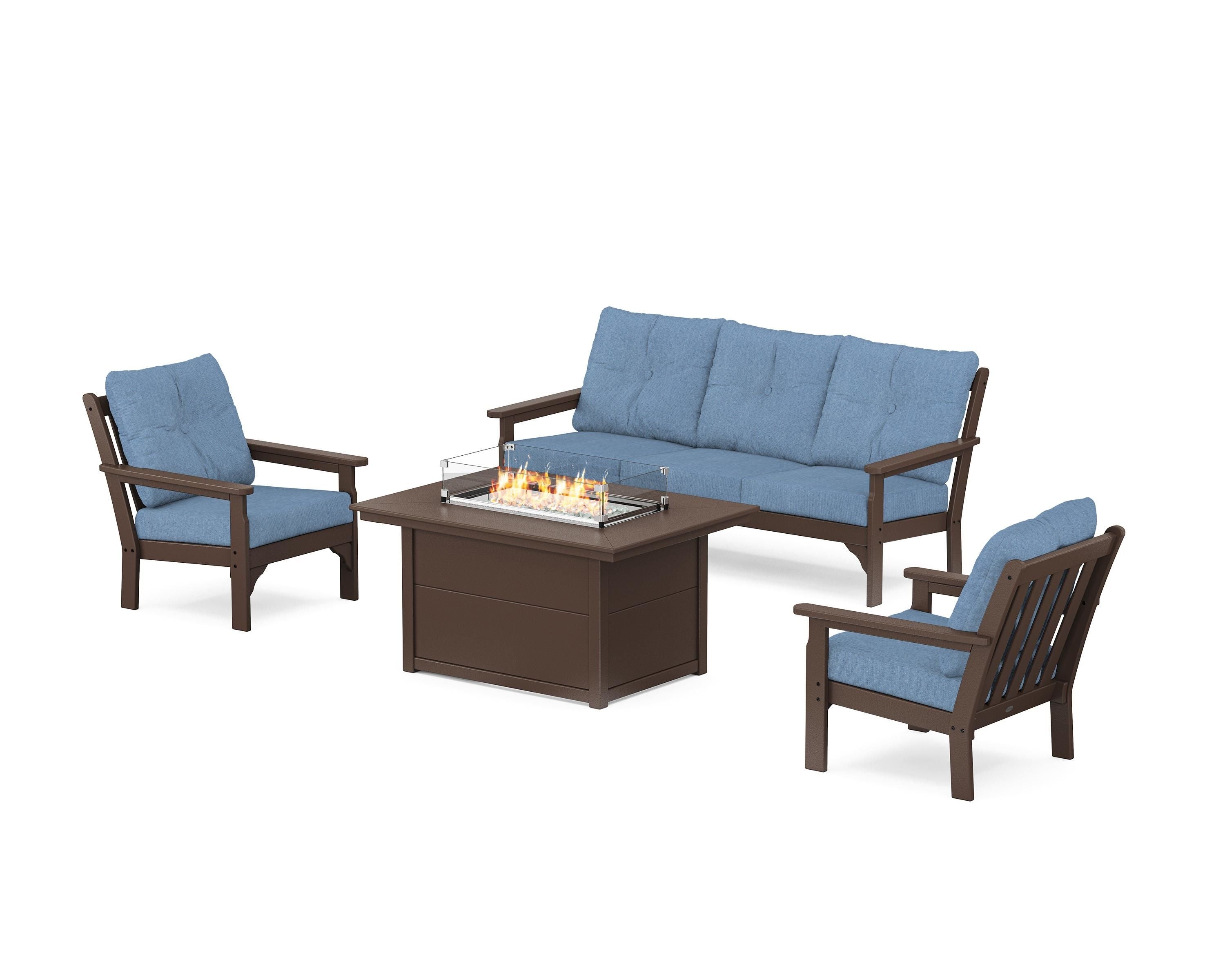 POLYWOOD Vineyard Deep Seating Fire Pit Table Set in Mahogany / Sky Blue