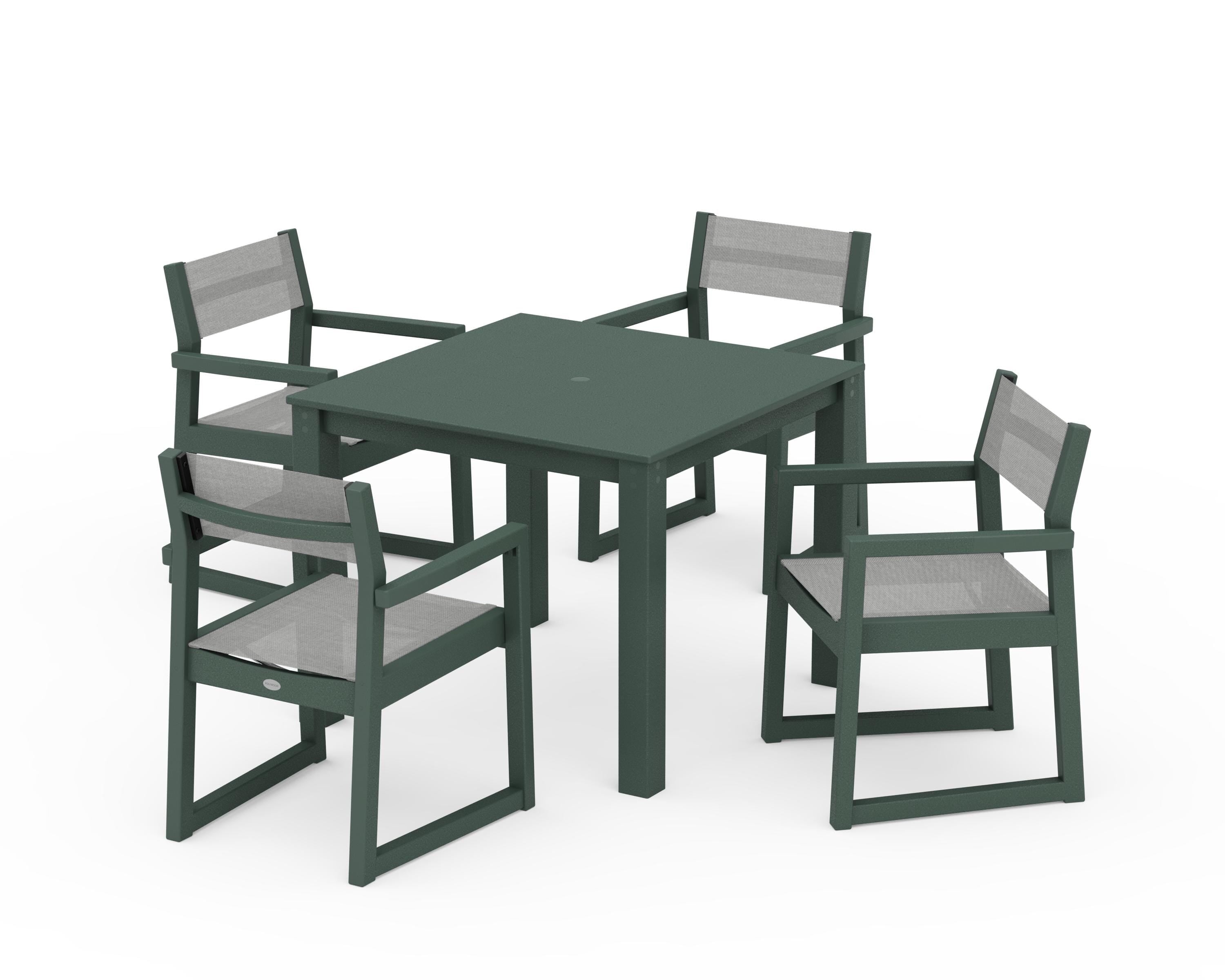 POLYWOOD EDGE Sling Arm Chair 5-Piece Parsons Dining Set in Green / Metallic Sling