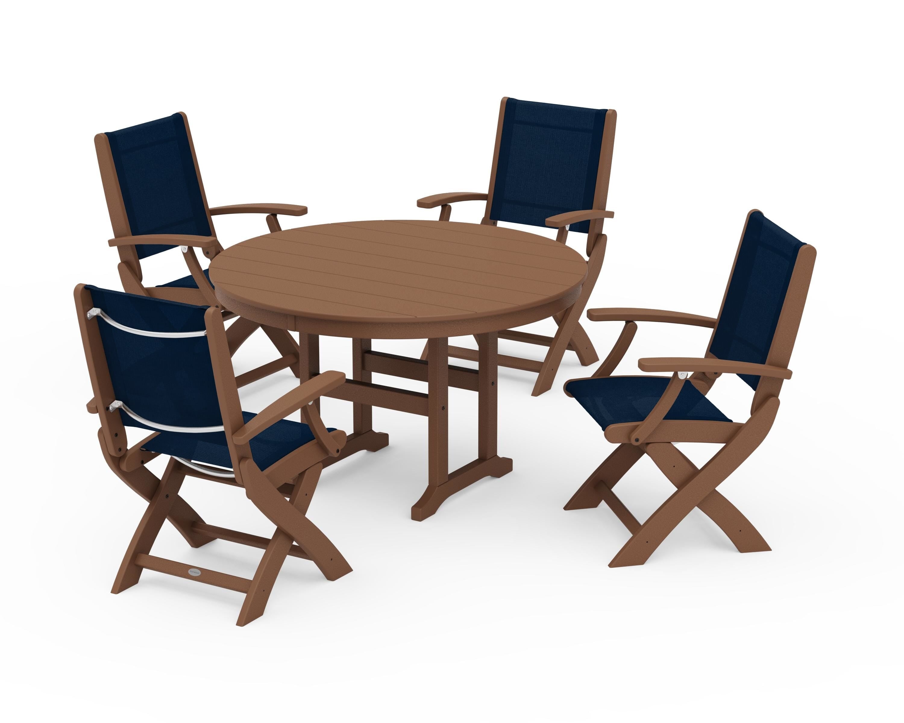 POLYWOOD Coastal Folding Chair 5-Piece Round Dining Set in Teak / Navy Blue Sling