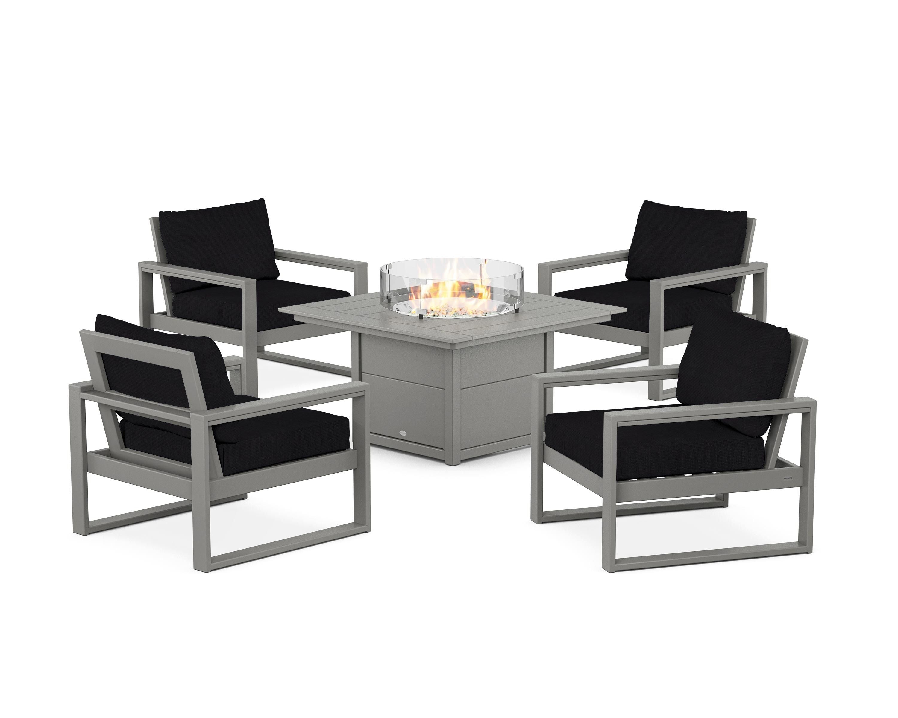POLYWOOD EDGE Sectional 5-Piece Deep Seating Set with Fire Pit Table in Slate Grey / Midnight Linen