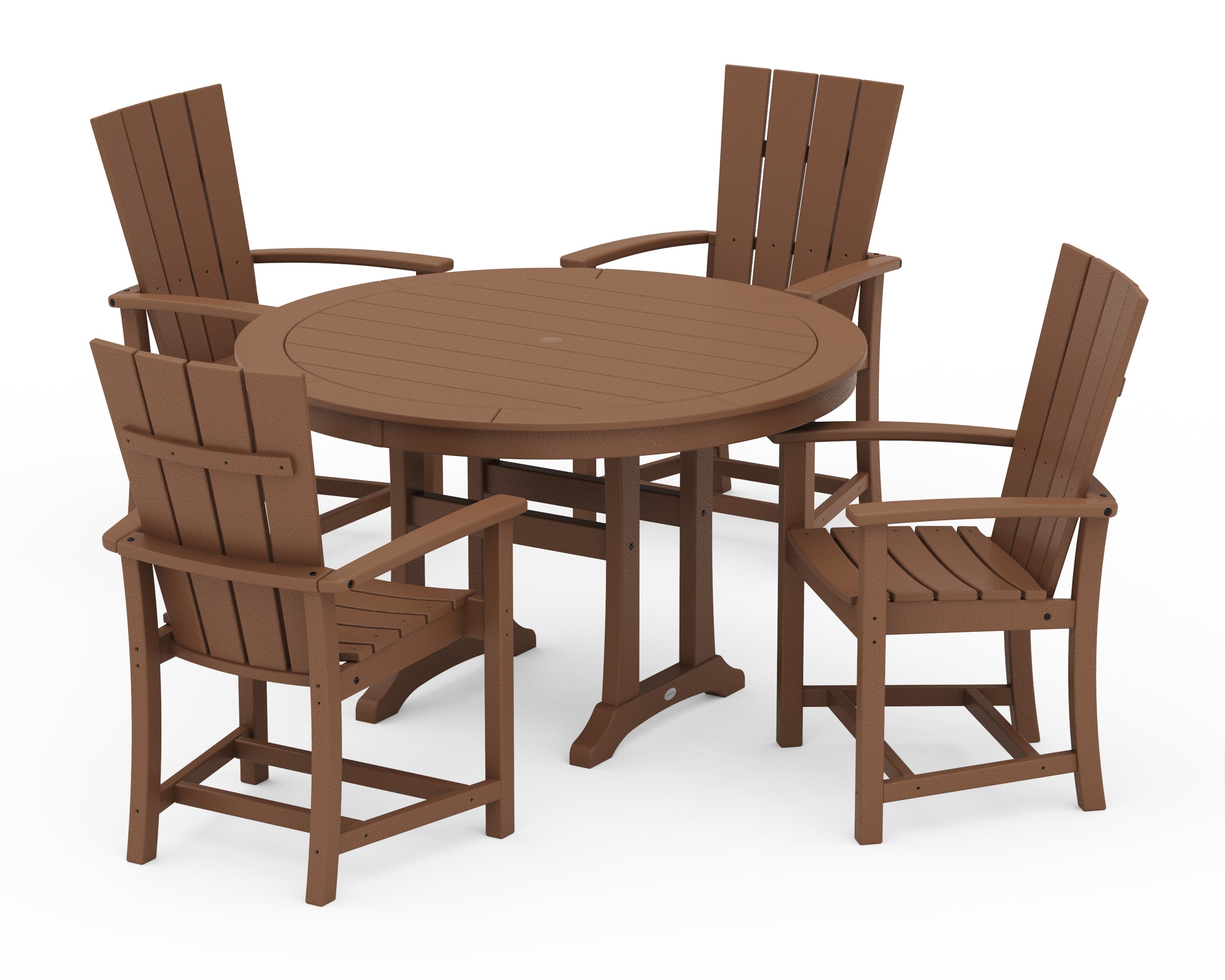 POLYWOOD Quattro 5-Piece Round Dining Set with Trestle Legs in Teak