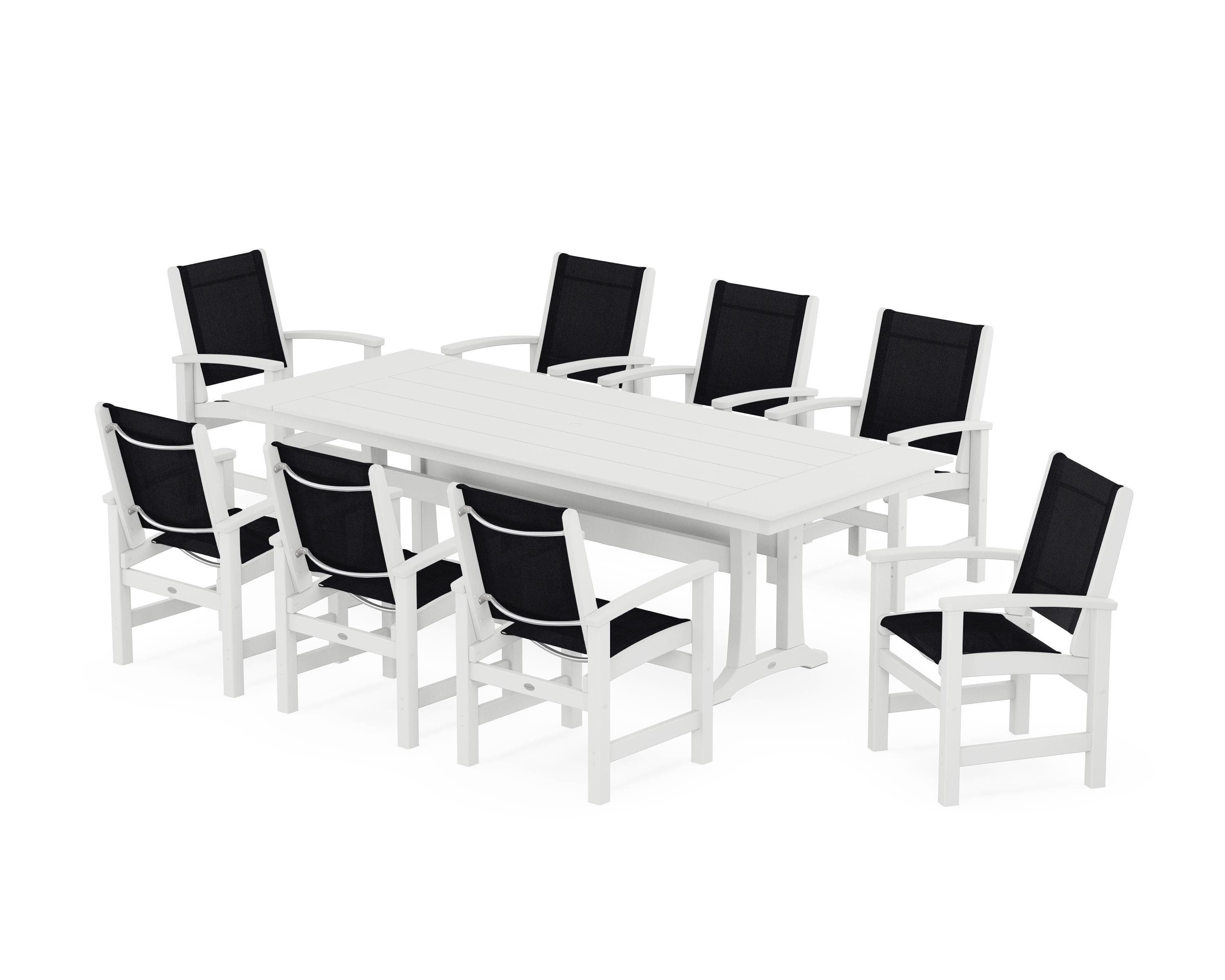 POLYWOOD Coastal 9-Piece Farmhouse Dining Set with Trestle Legs in White / Black Sling