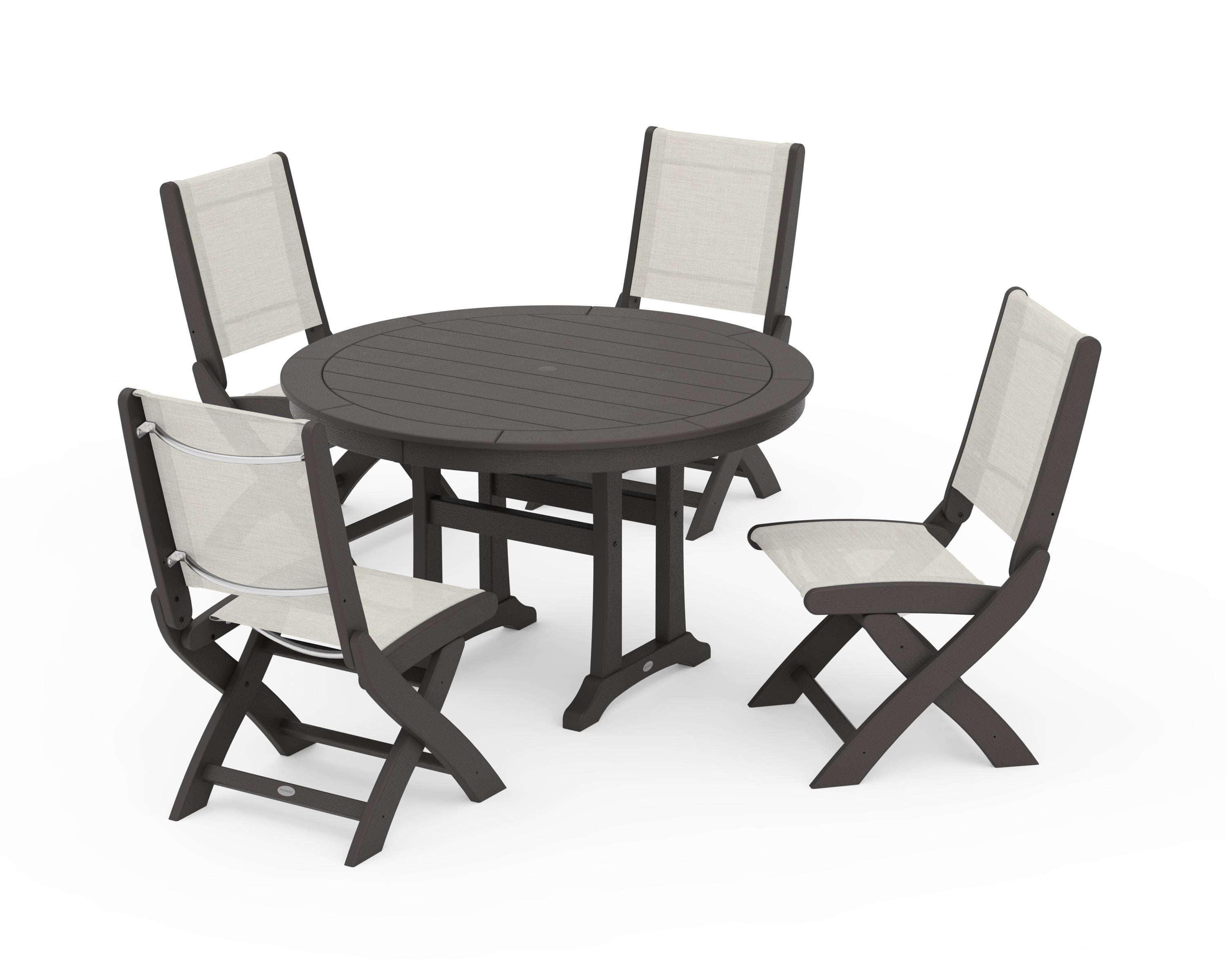 POLYWOOD Coastal Folding Side Chair 5-Piece Round Dining Set With Trestle Legs in Vintage Coffee / Parchment Sling