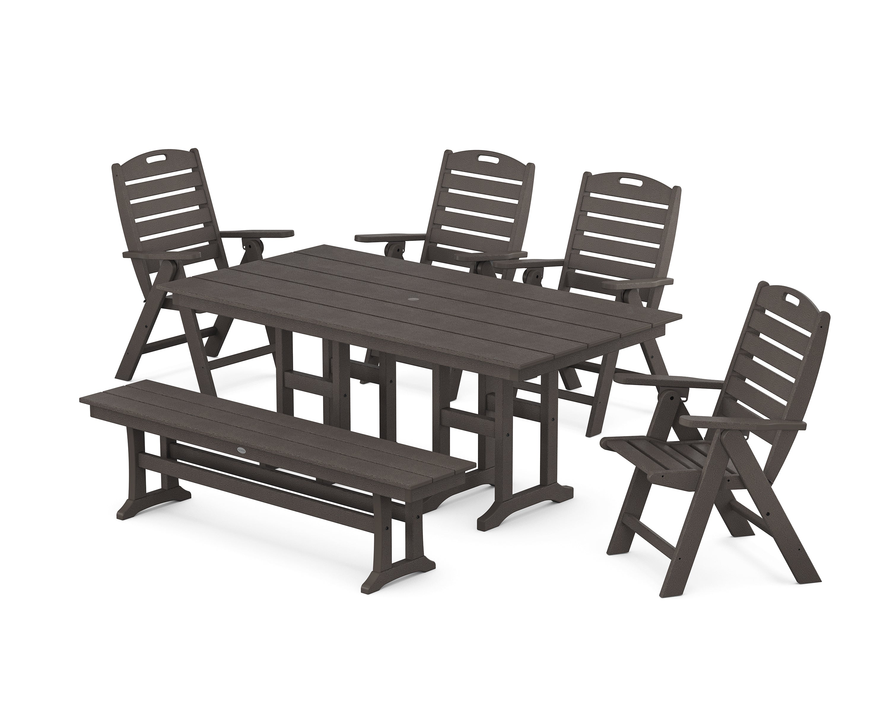 POLYWOOD Nautical Highback 6-Piece Farmhouse Dining Set with Bench in Vintage Coffee
