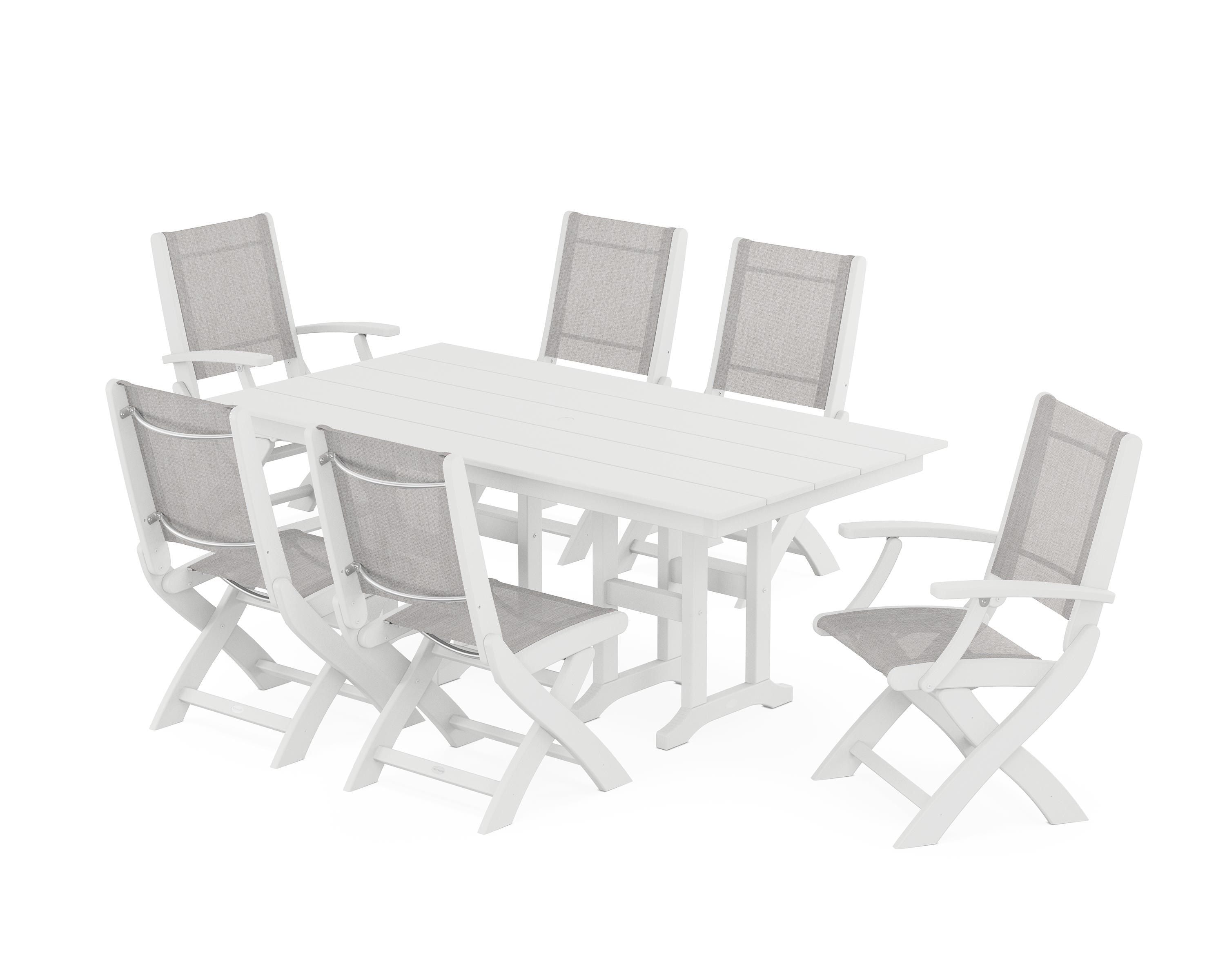 POLYWOOD Coastal Folding Chair 7-Piece Farmhouse Dining Set in White / Parchment Sling