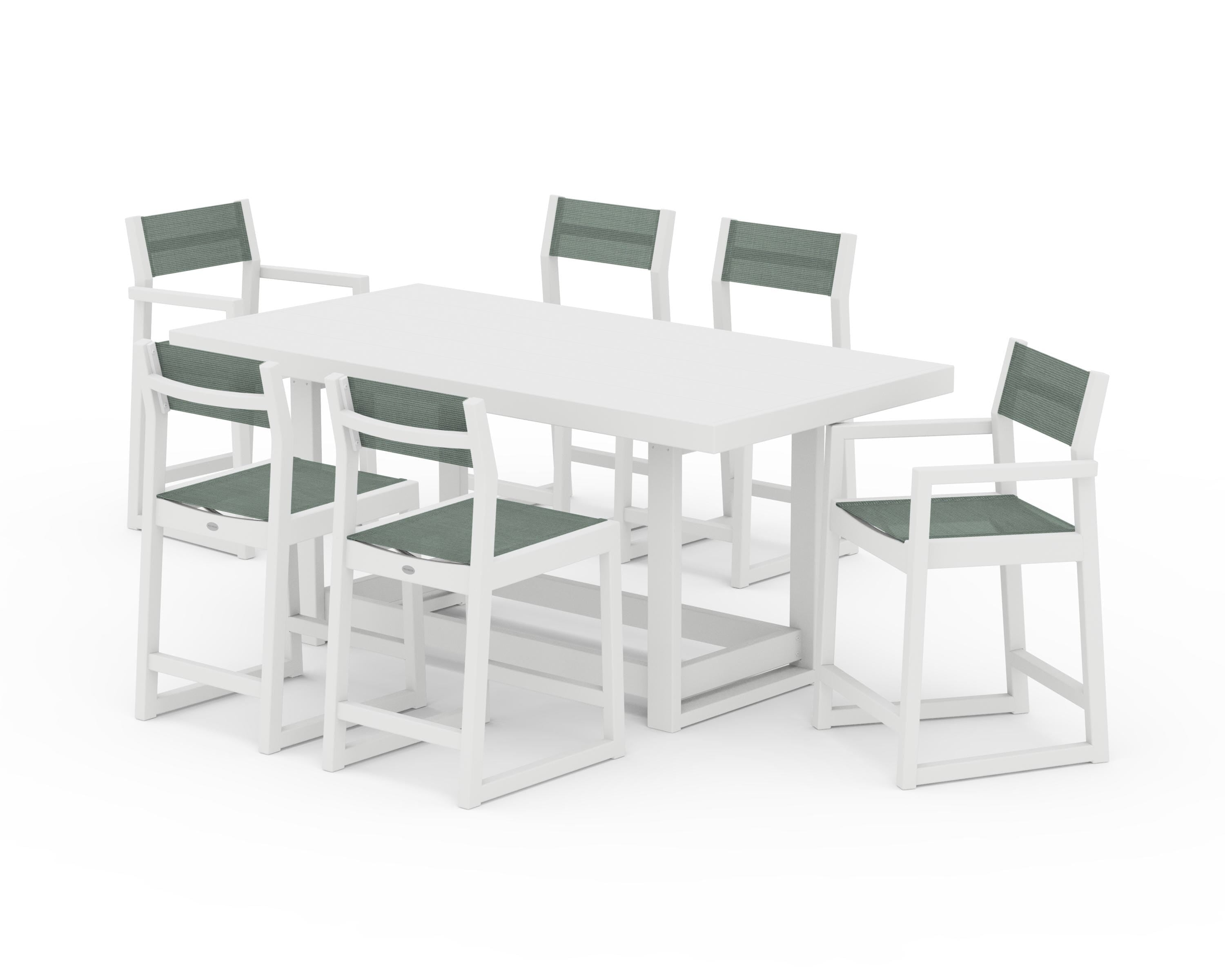 POLYWOOD EDGE Sling 7-Piece Counter Table Set in White / Dupioni Sea Mist Sling