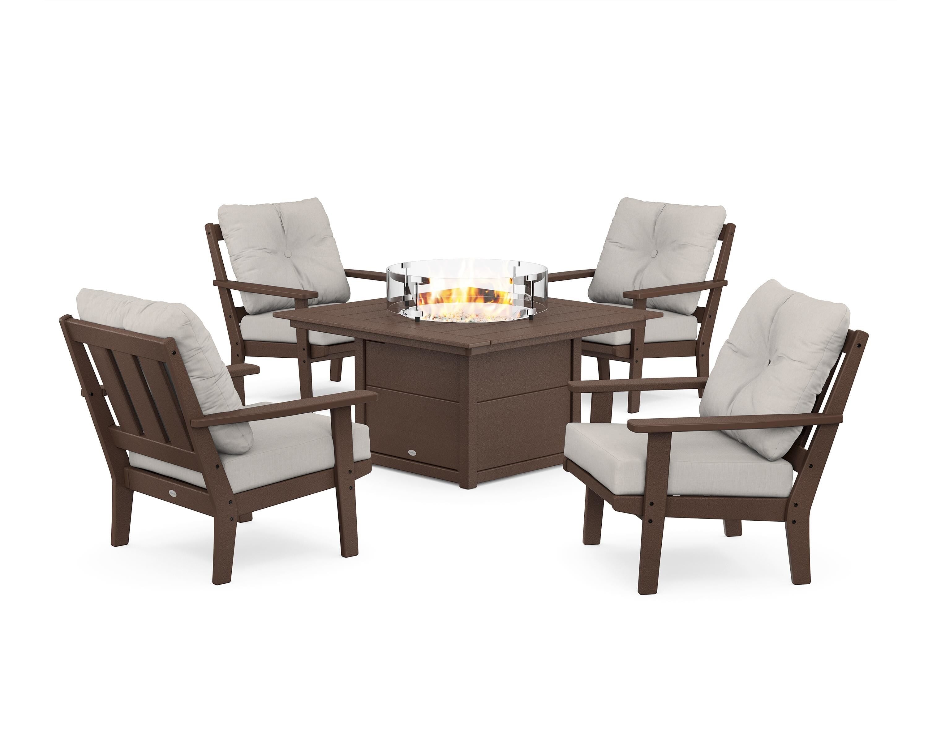 POLYWOOD Oxford 5-Piece Deep Seating Set with Fire Pit Table in Mahogany / Cast Ash