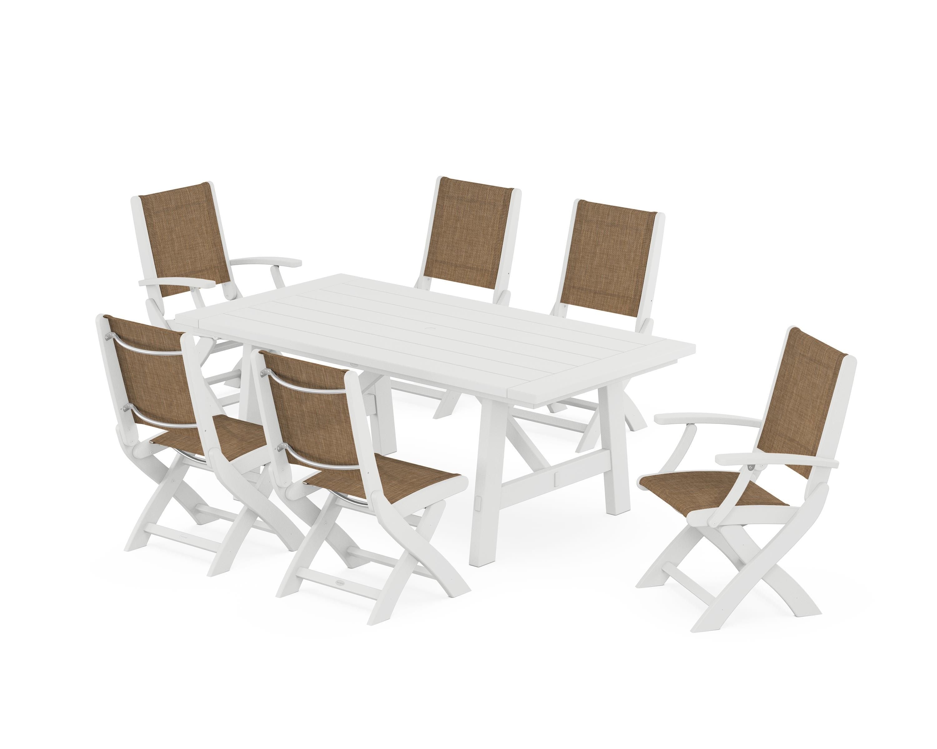 POLYWOOD Coastal Folding Chair 7-Piece Rustic Farmhouse Dining Set in White / Burlap Sling