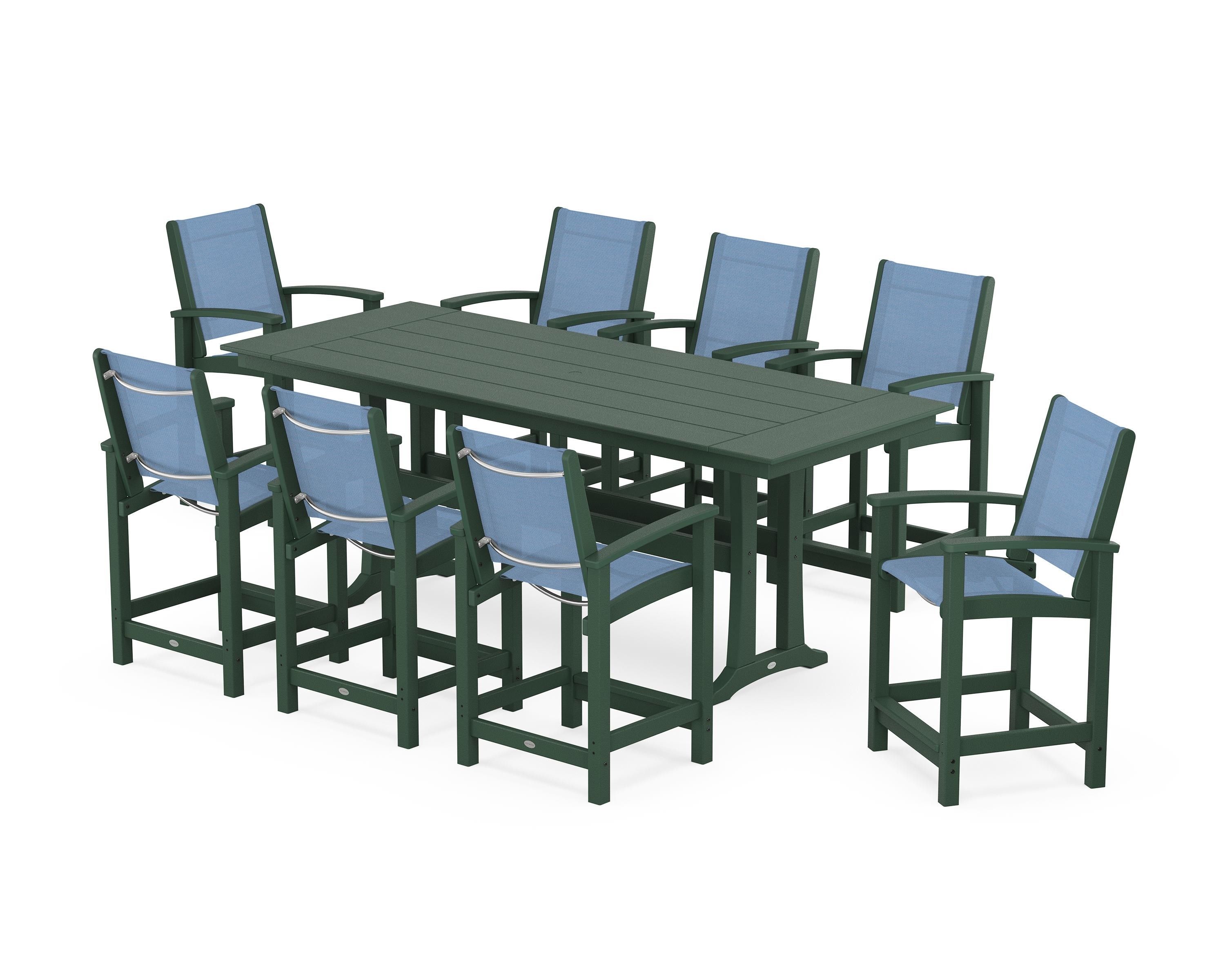 POLYWOOD Coastal 9-Piece Farmhouse Counter Set with Trestle Legs in Green / Poolside Sling