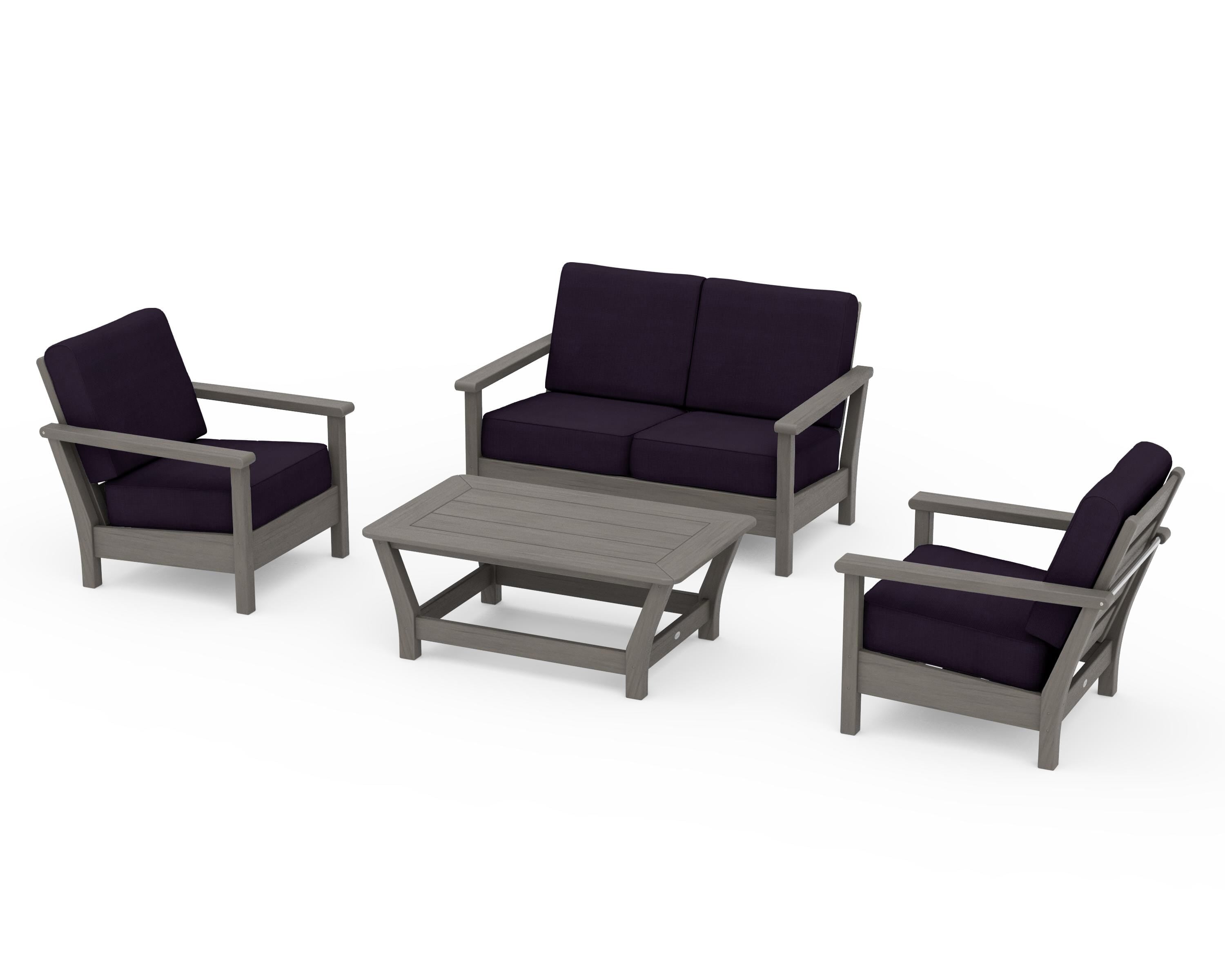 POLYWOOD Harbour 4-Piece Deep Seating Set in Driftwood / Navy Linen