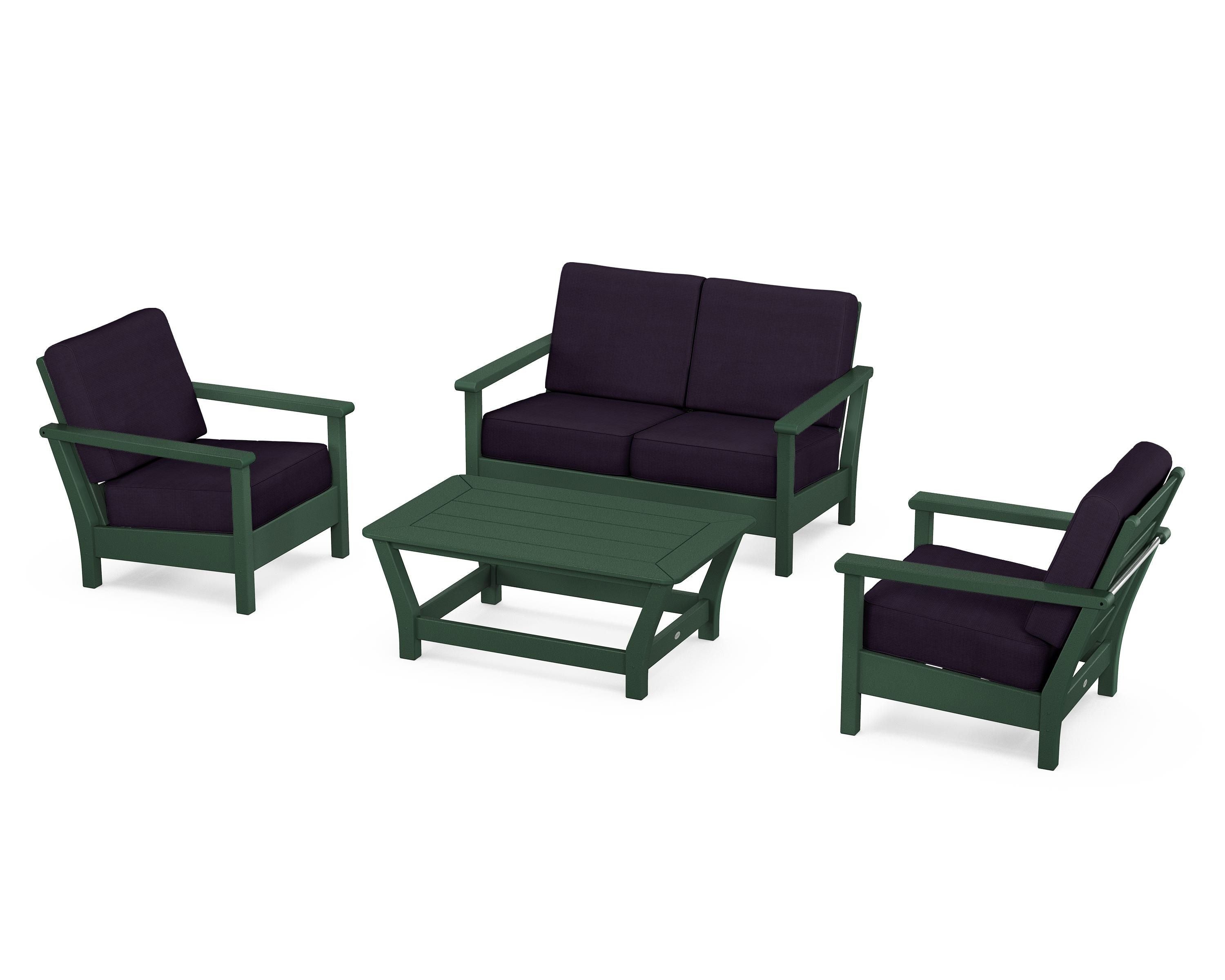 POLYWOOD Harbour 4-Piece Deep Seating Set in Green / Navy Linen