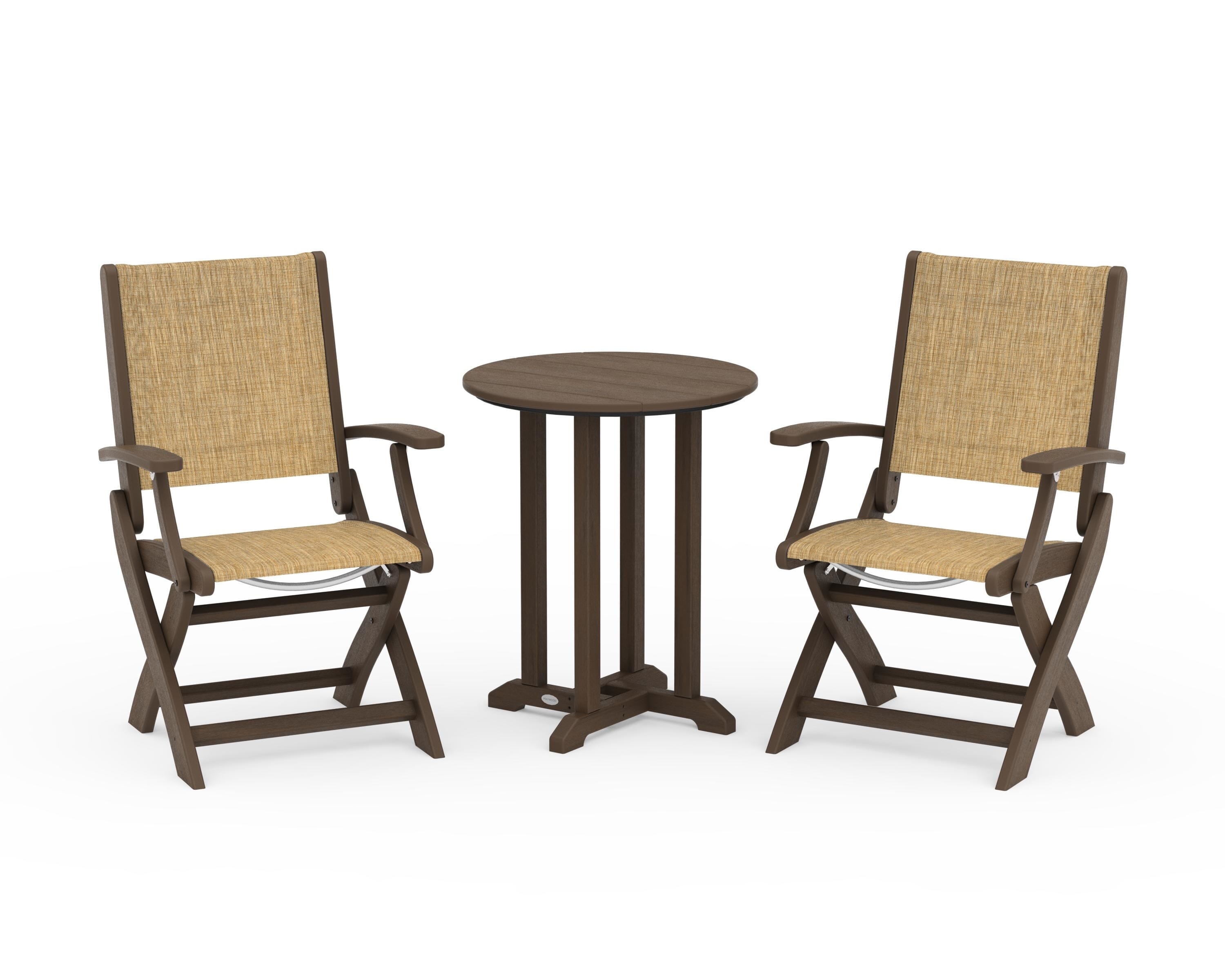 POLYWOOD Coastal Folding 3-Piece Round Bistro Dining Set in Kona / Burlap Sling