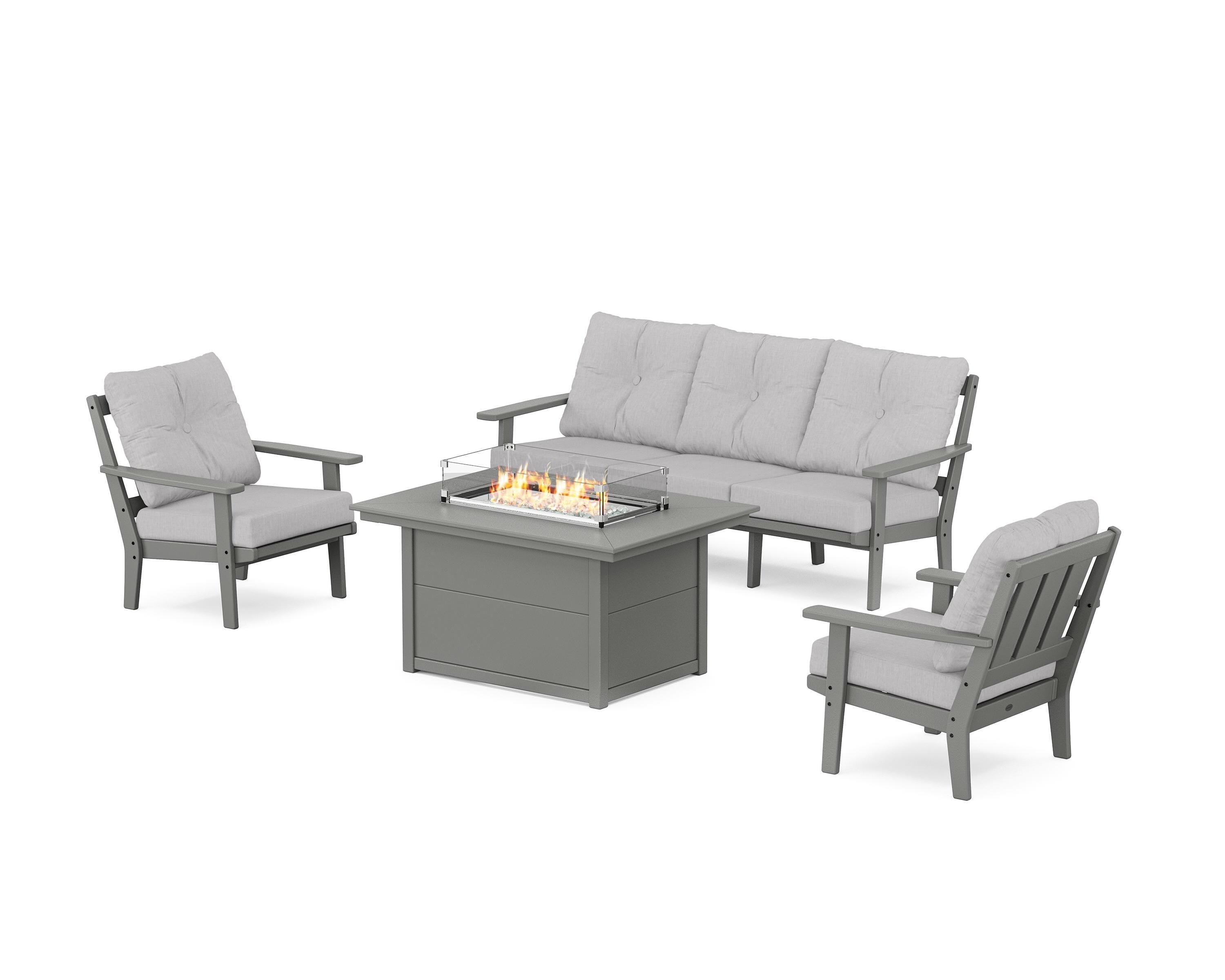 POLYWOOD Oxford Deep Seating Fire Pit Table Set in Slate Grey / Granite