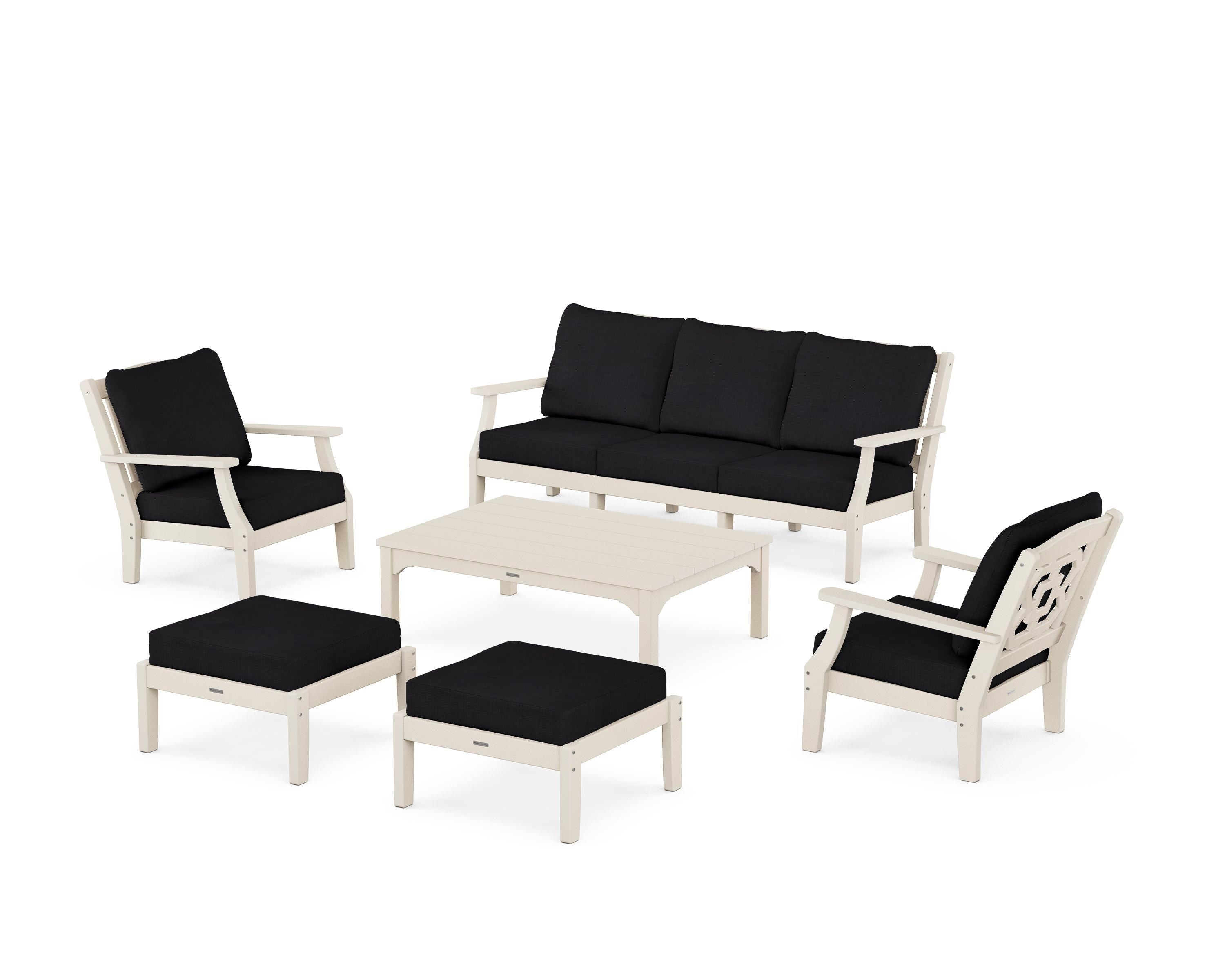 Martha Stewart by POLYWOOD Chinoiserie 6-Piece Lounge Sofa Set in Sand / Midnight Linen