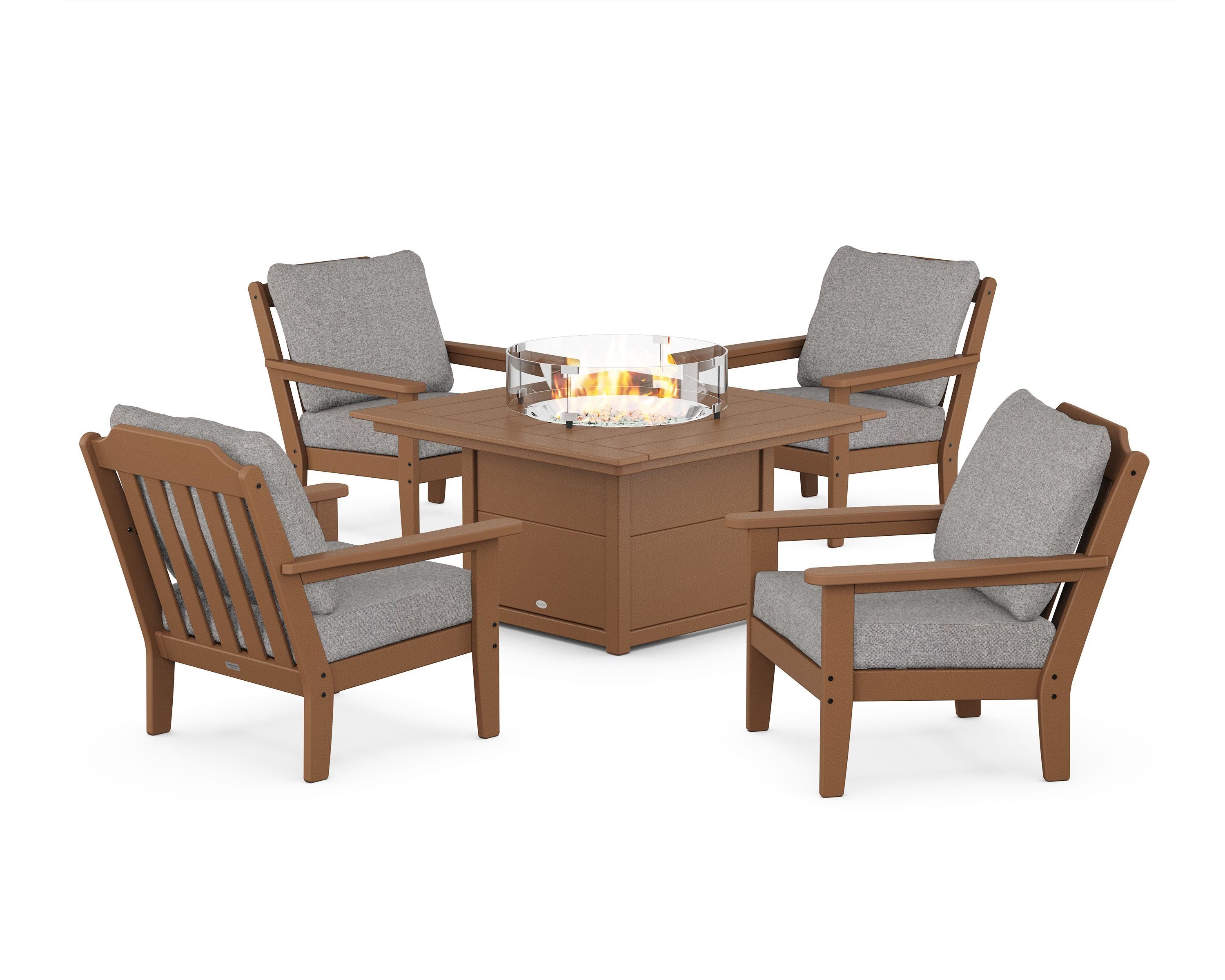 Country Living Cottage 5-Piece Deep Seating Set with Fire Pit Table in Teak / Grey Mist