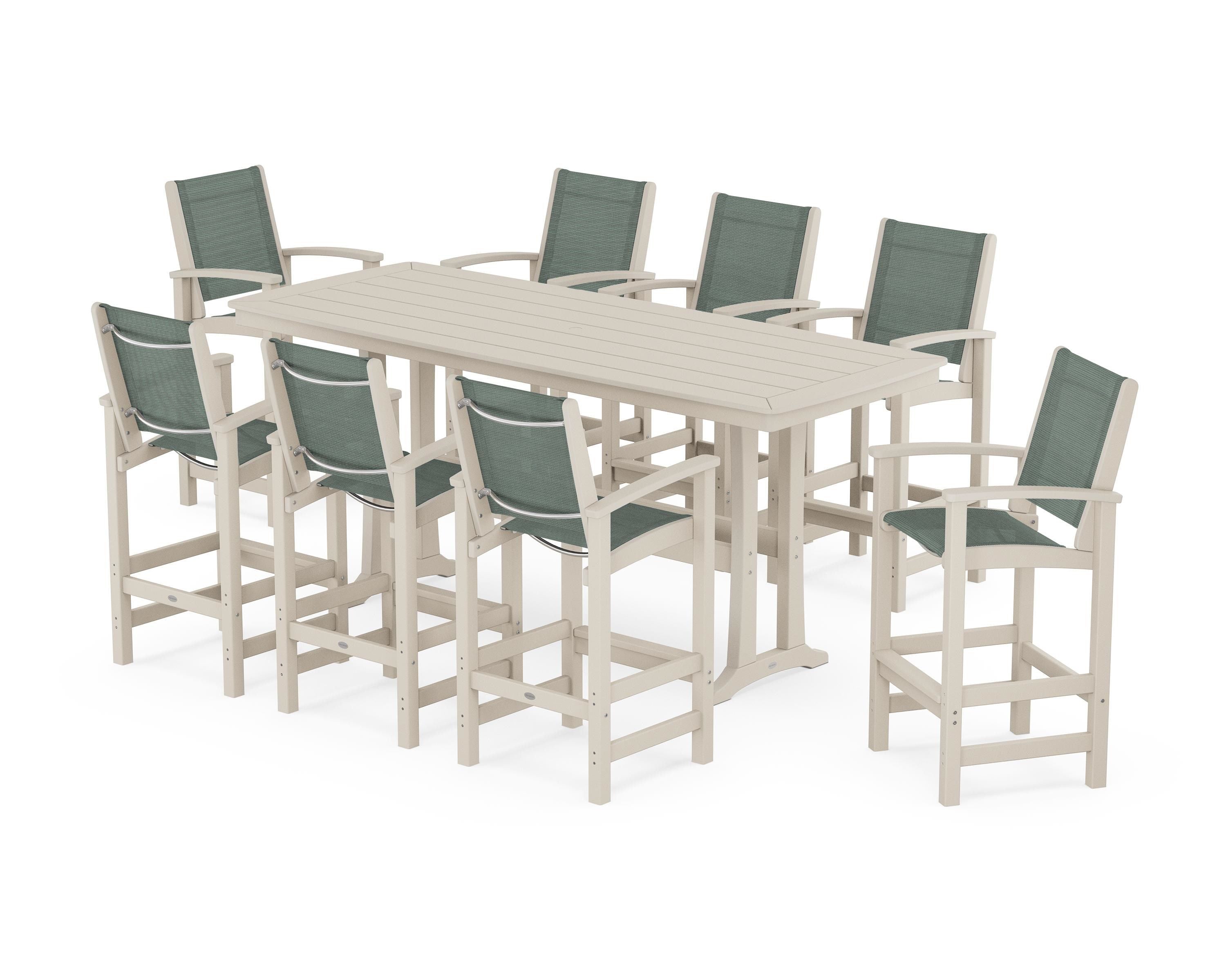 POLYWOOD Coastal 9-Piece Bar Set with Trestle Legs in Sand / Dupioni Sea Mist Sling