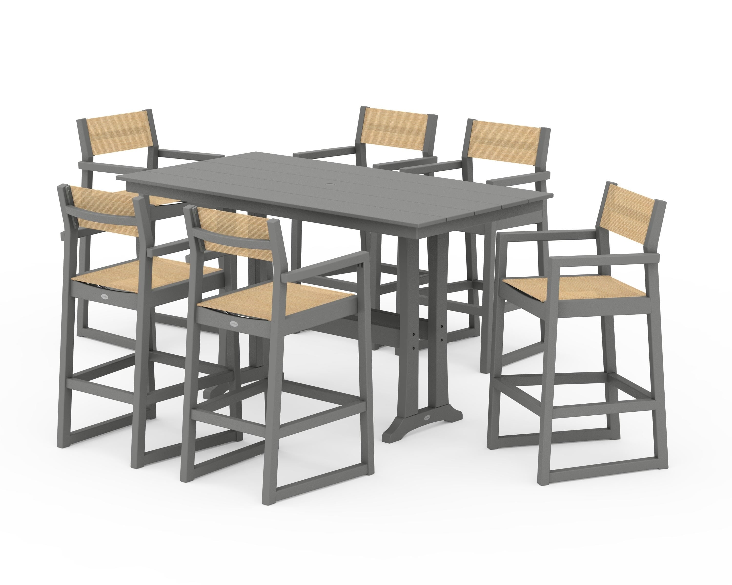 POLYWOOD EDGE Sling Arm Chair 7-Piece Farmhouse Bar Set with Trestle Legs in Slate Grey / Dupioni Apricot Sling