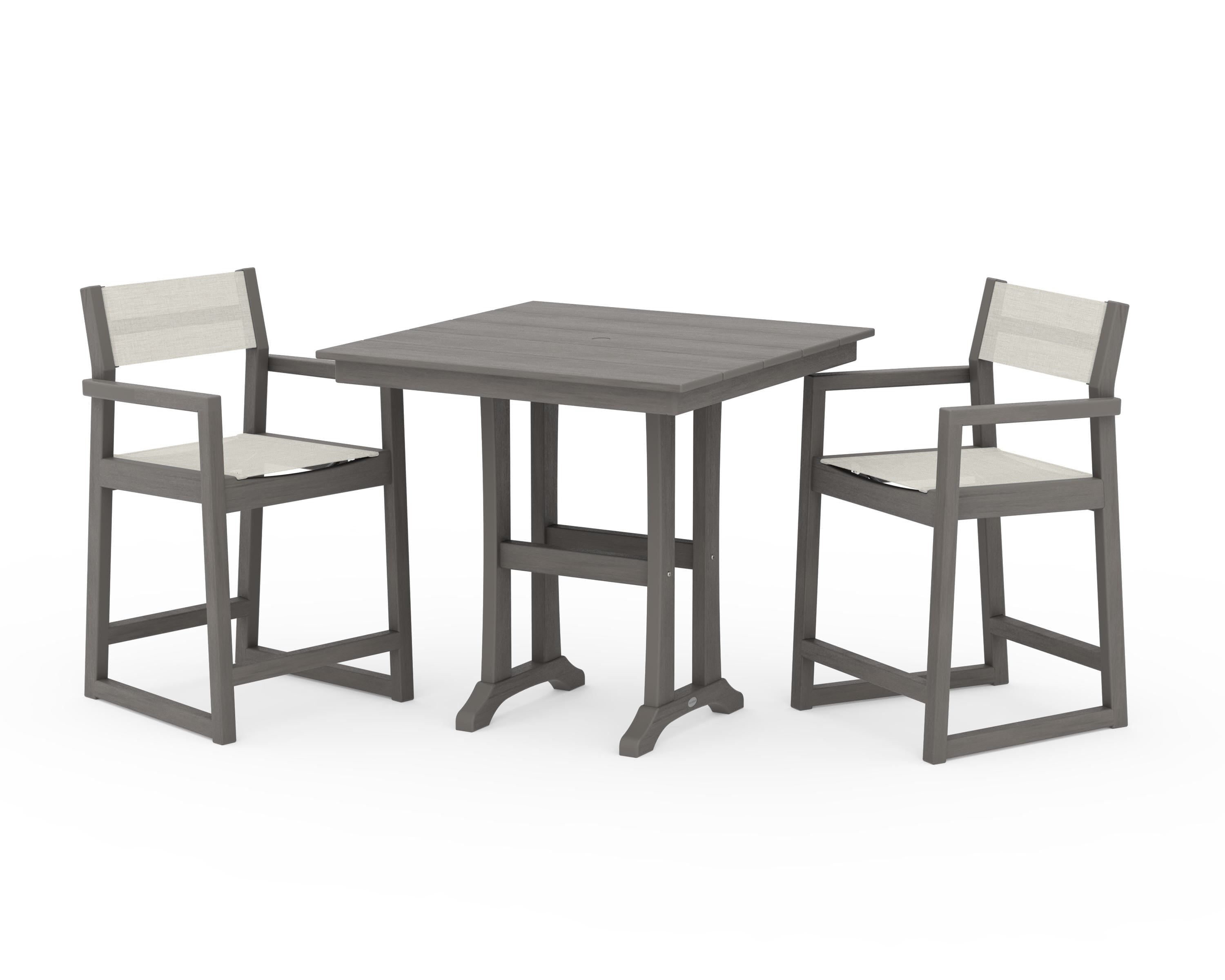 POLYWOOD EDGE Sling Arm Chair 3-Piece Farmhouse Counter Set with Trestle Legs in Driftwood / Parchment Sling
