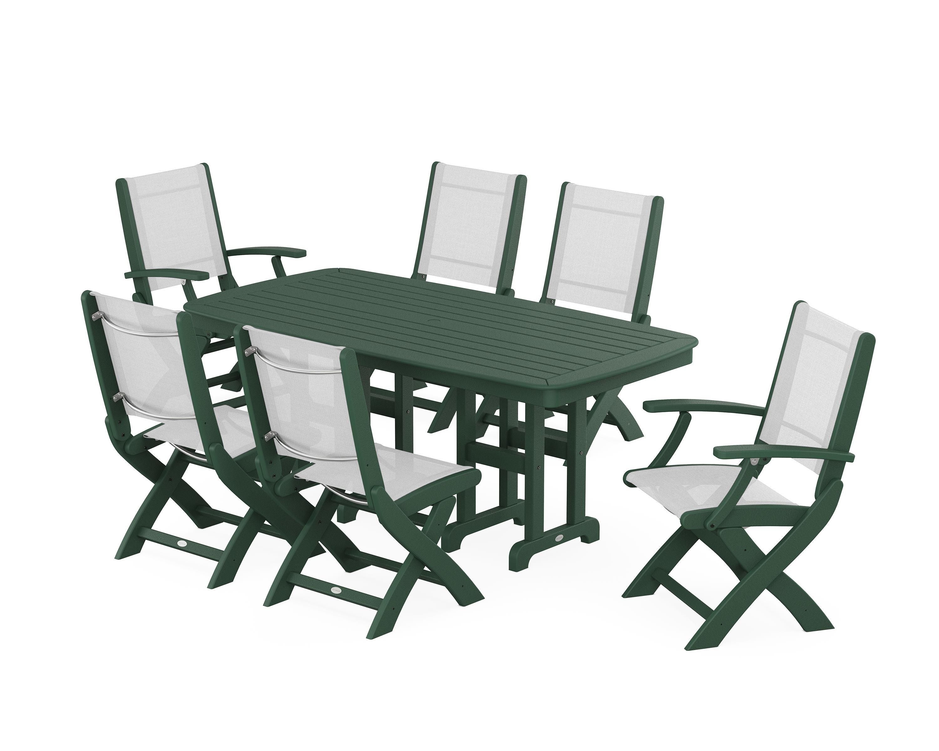 POLYWOOD Coastal Folding Chair 7-Piece Dining Set in Green / White Sling