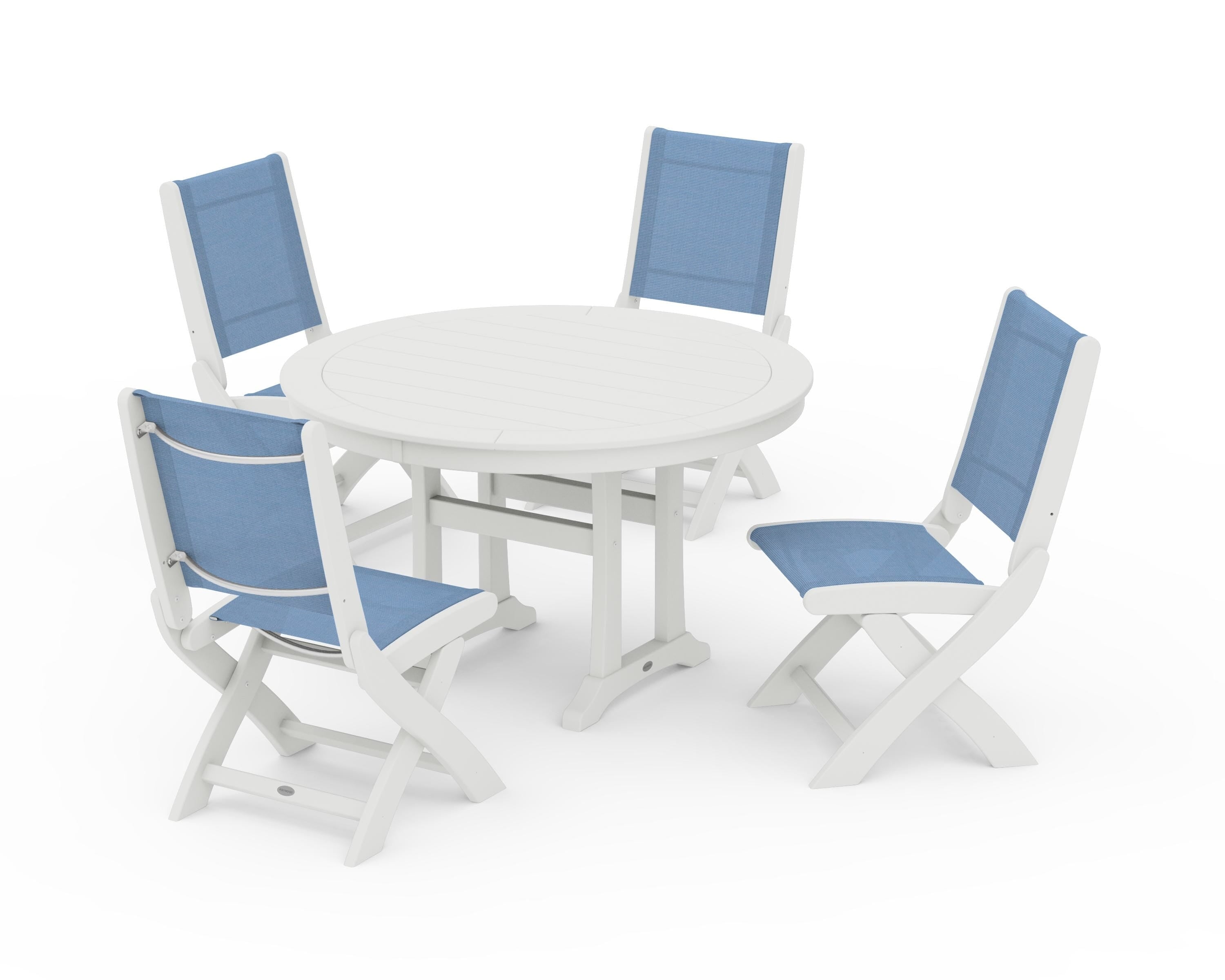 POLYWOOD Coastal Folding Side Chair 5-Piece Round Dining Set With Trestle Legs in Vintage White / Poolside Sling