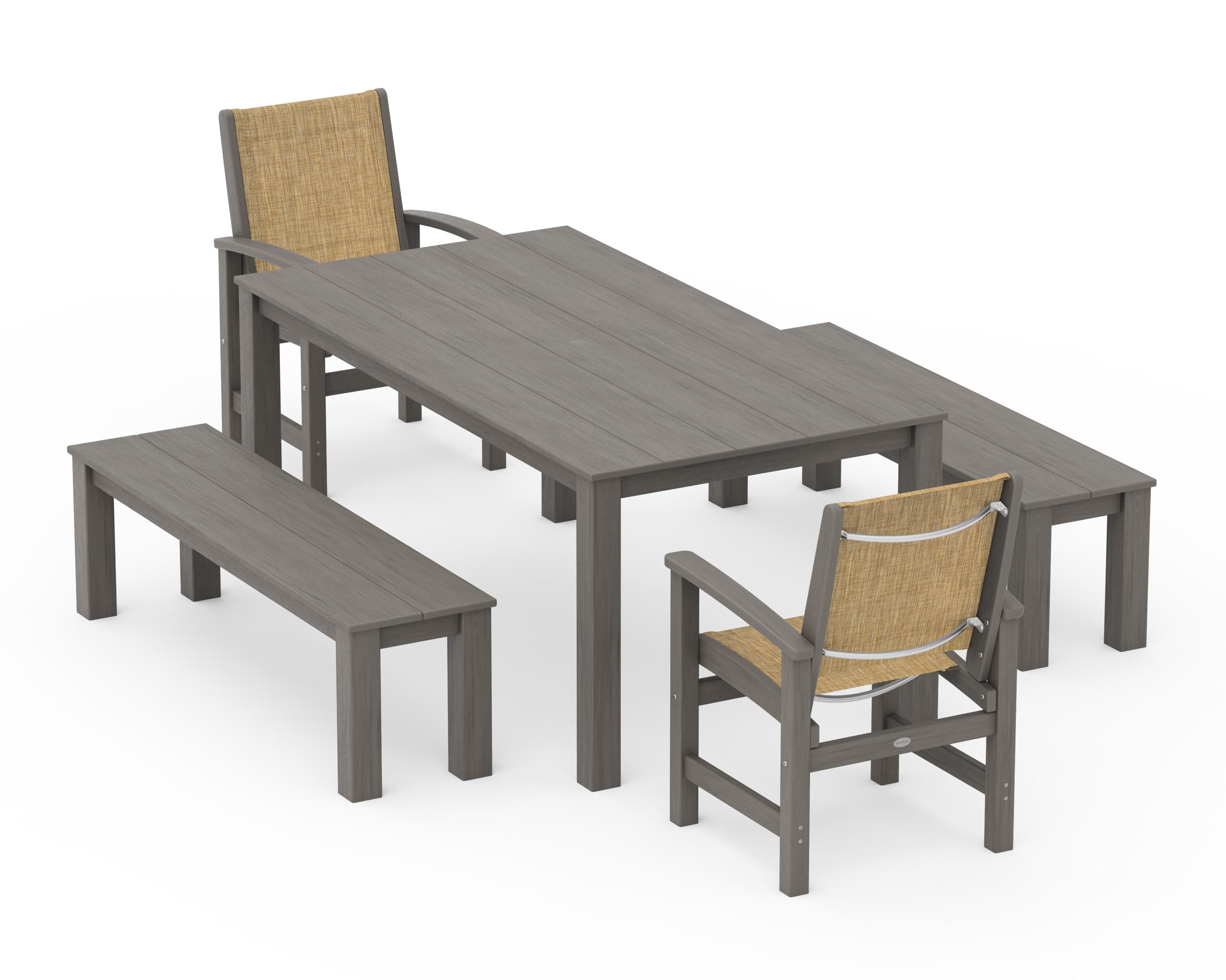 POLYWOOD Coastal 5-Piece Parsons Dining Set with Benches in Driftwood / Burlap Sling
