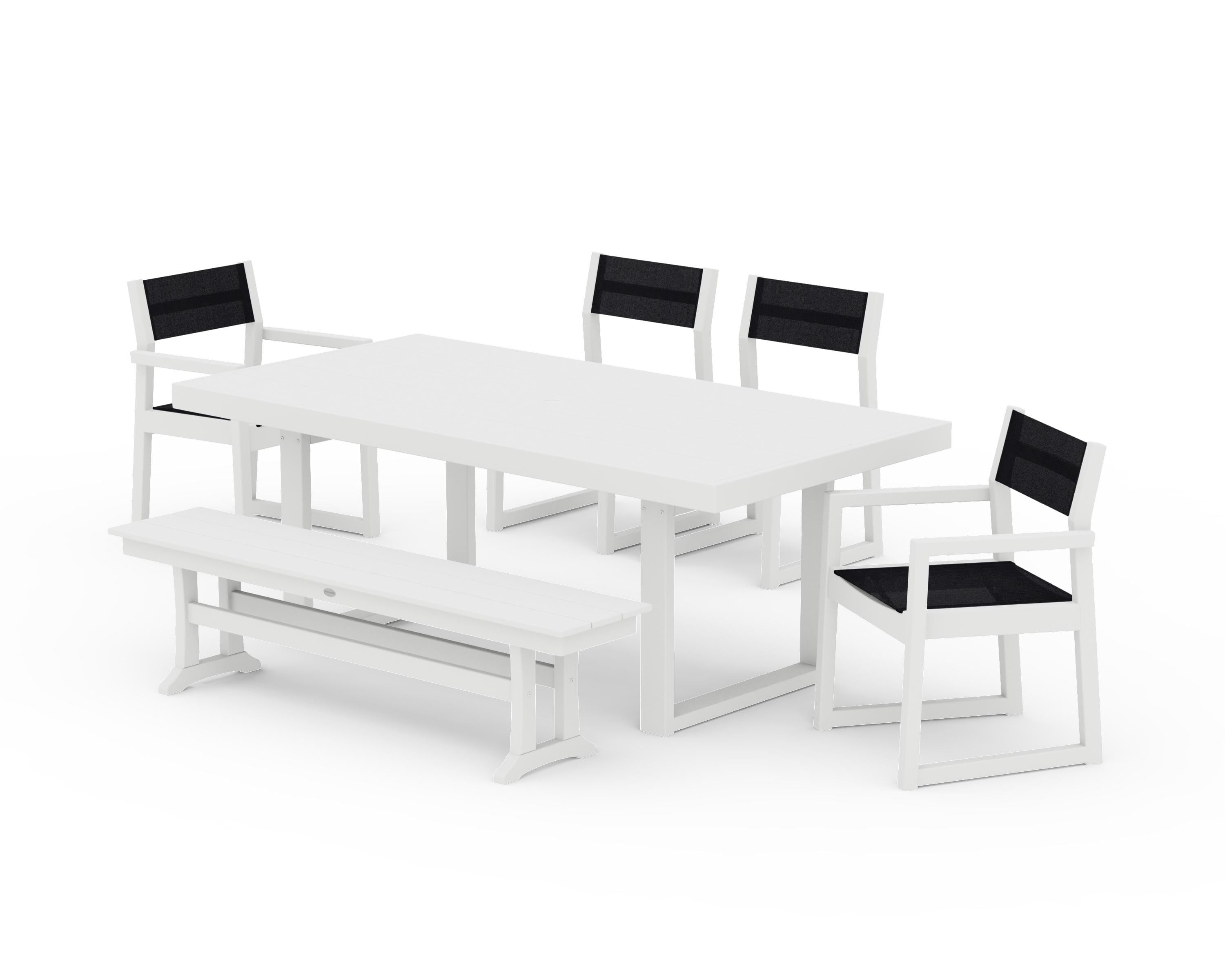 POLYWOOD EDGE Sling 6-Piece Dining Set with Bench in White / Black Sling