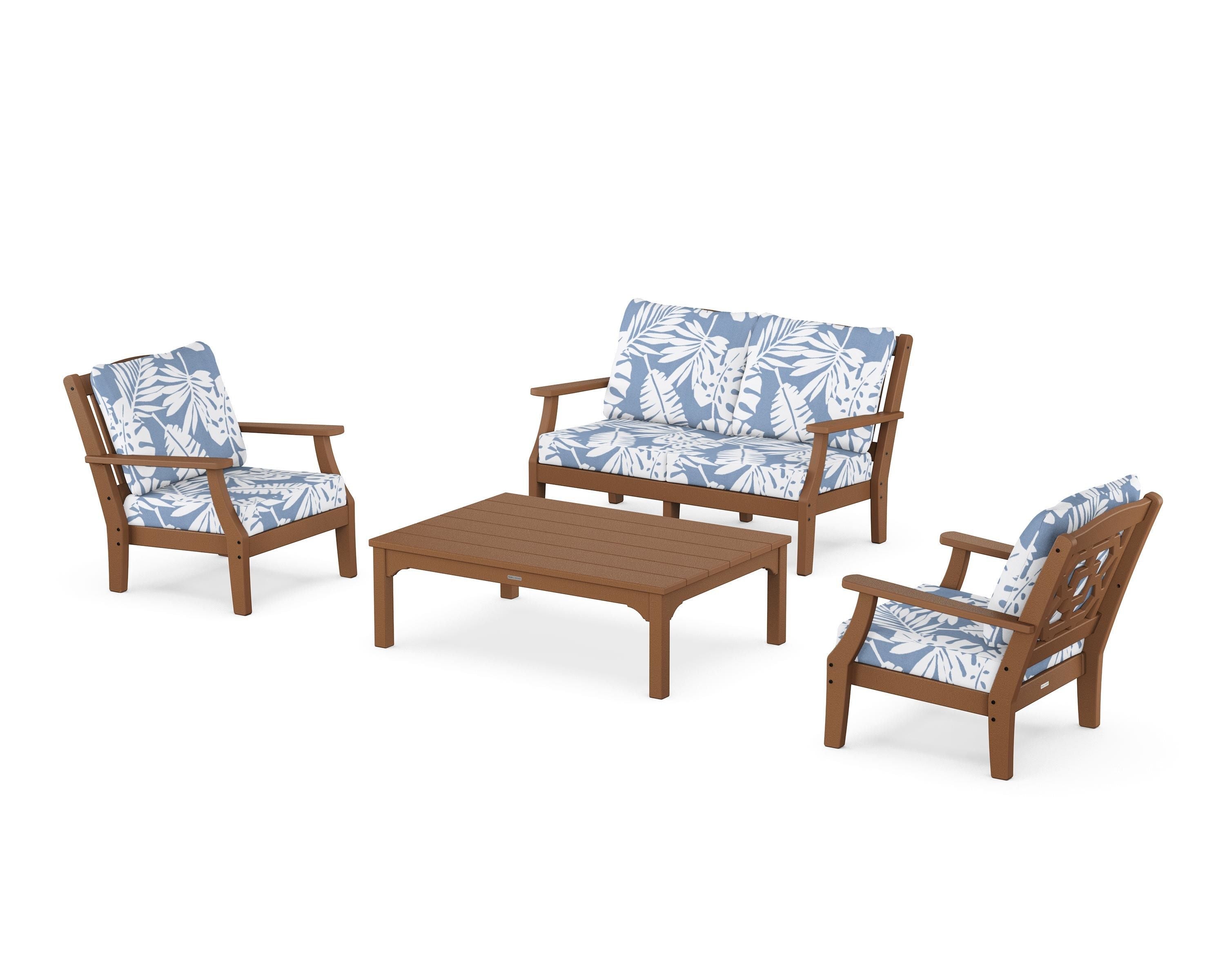 Martha Stewart by POLYWOOD Chinoiserie 4-Piece Deep Seating Set with Loveseat in Teak / Leaf Sky Blue