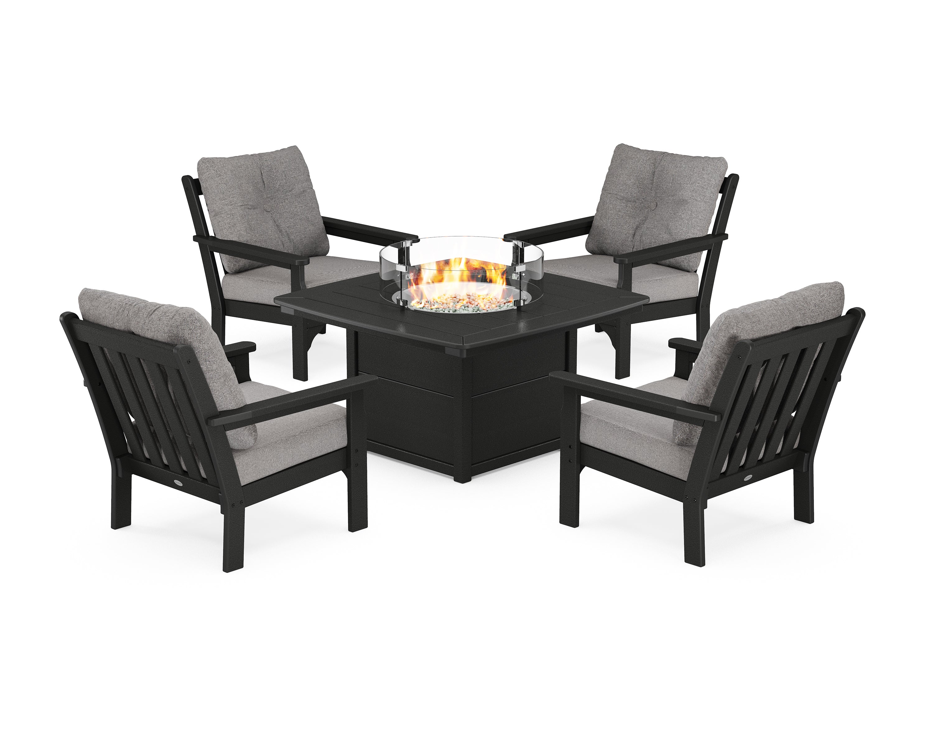 POLYWOOD Vineyard 5-Piece Conversation Set with Fire Pit Table in Black / Grey Mist